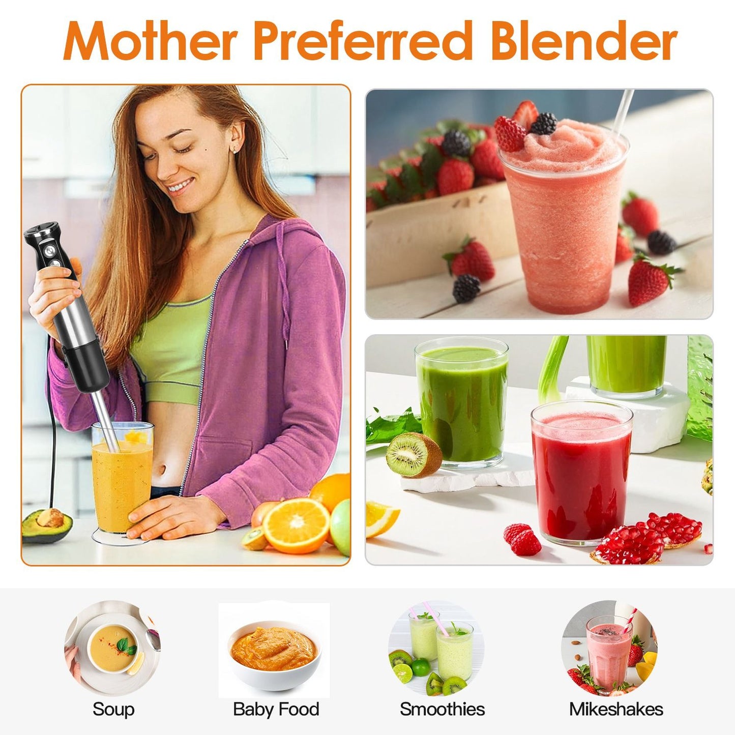 Mother Preferred Blender in use, blending a smoothie, with images of various drinks like soup, baby food, smoothies, and milkshakes displayed alongside.