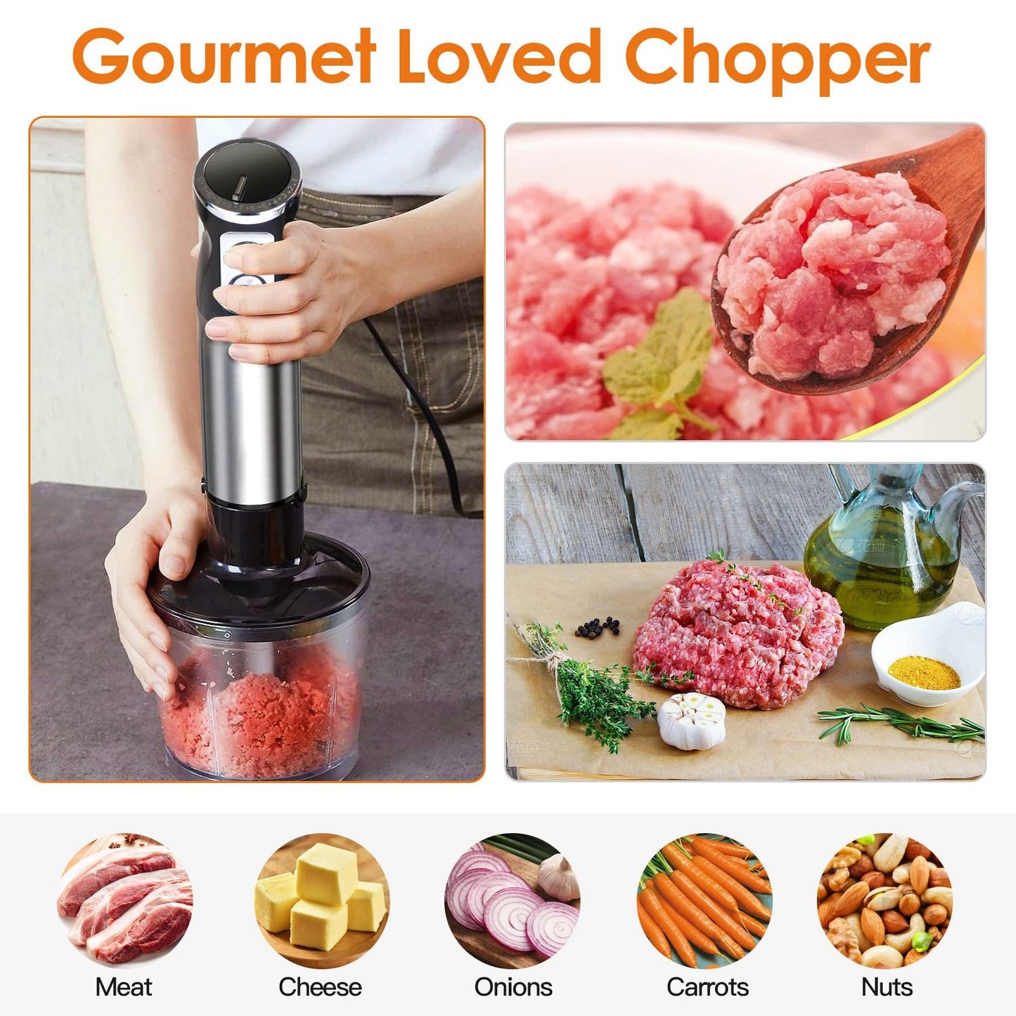 Gourmet Loved Chopper with a person using it to chop meat, featuring colorful food images including cheese, onions, carrots, and nuts.