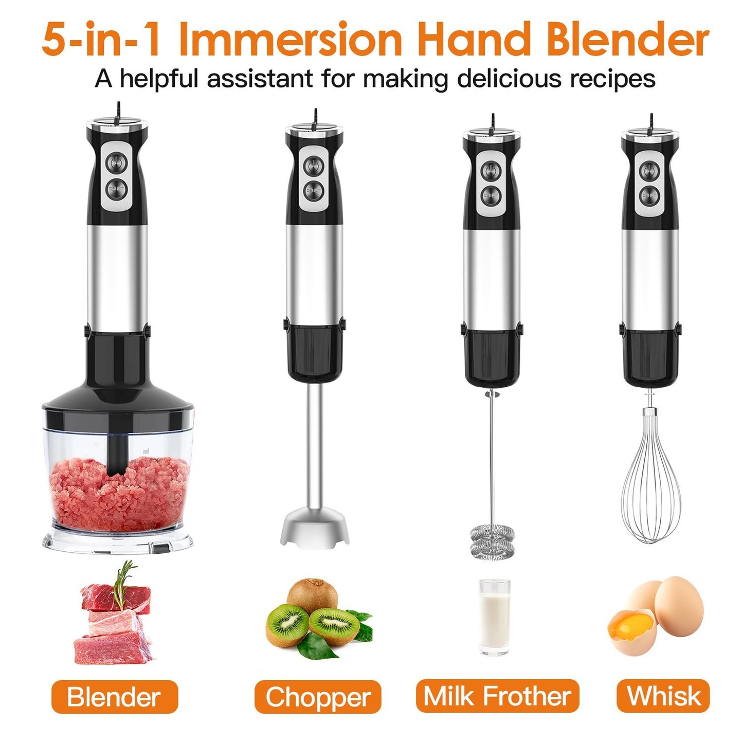 5-in-1 immersion hand blender set featuring a blender, chopper, milk frother, and whisk, displayed with fresh ingredients like meats, fruits, and eggs, ideal for creating delicious recipes.