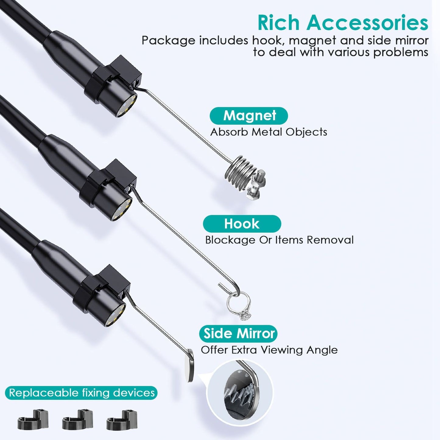Multi-functional tool set featuring a hook for item removal, magnet for metal object retrieval, and a side mirror for enhanced visibility, highlighting rich accessories included in the package.
