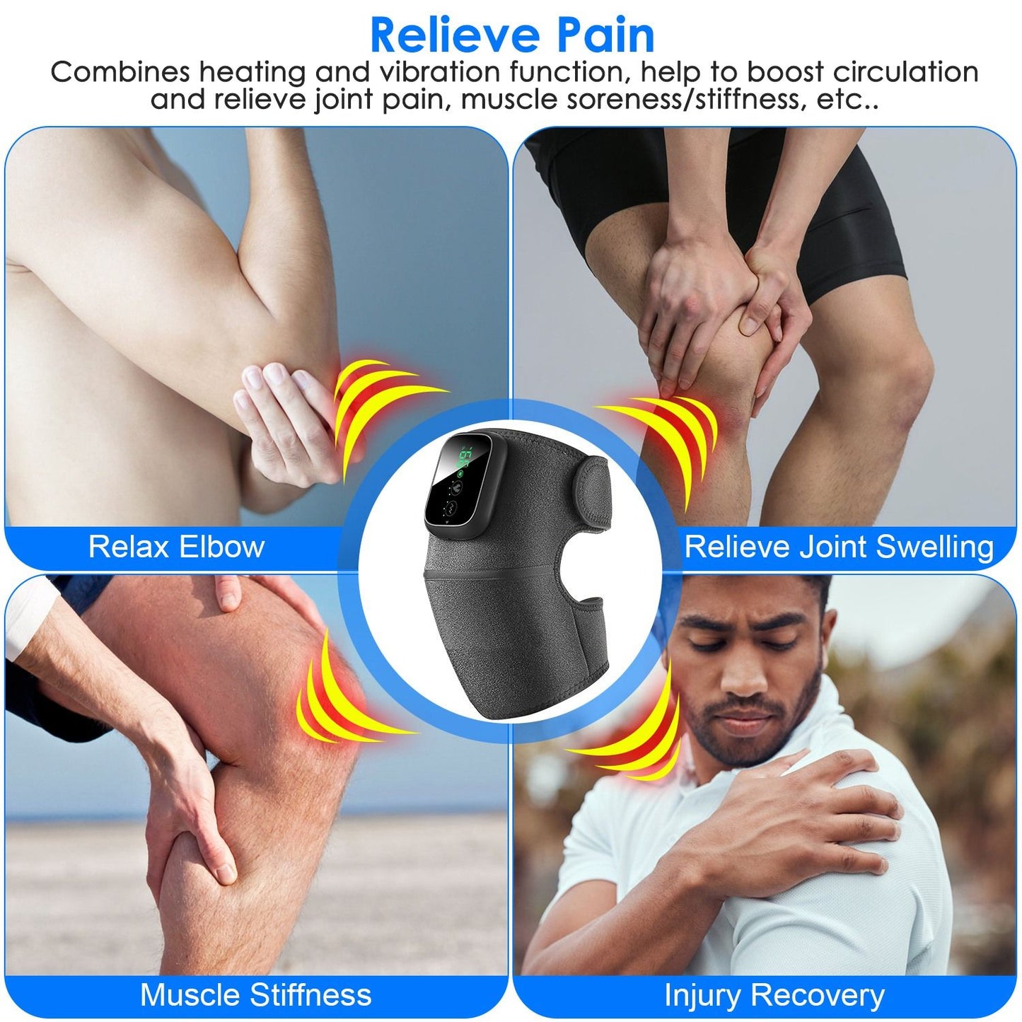Heating and vibration therapy device for joint pain relief, featuring adjustable settings for elbow relaxation, muscle stiffness alleviation, and injury recovery support.