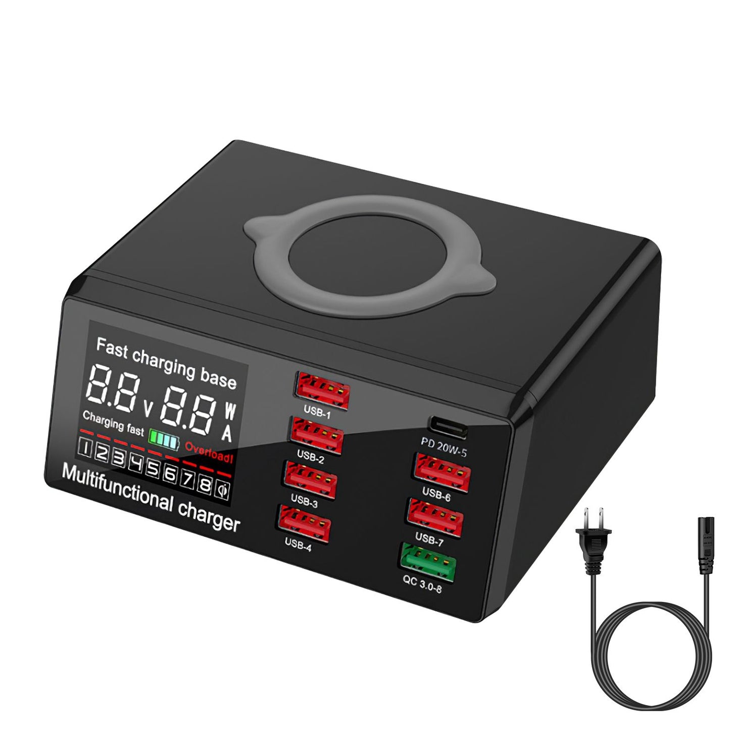 Multifunctional fast charging station with multiple USB ports and digital display, ideal for charging various devices simultaneously.