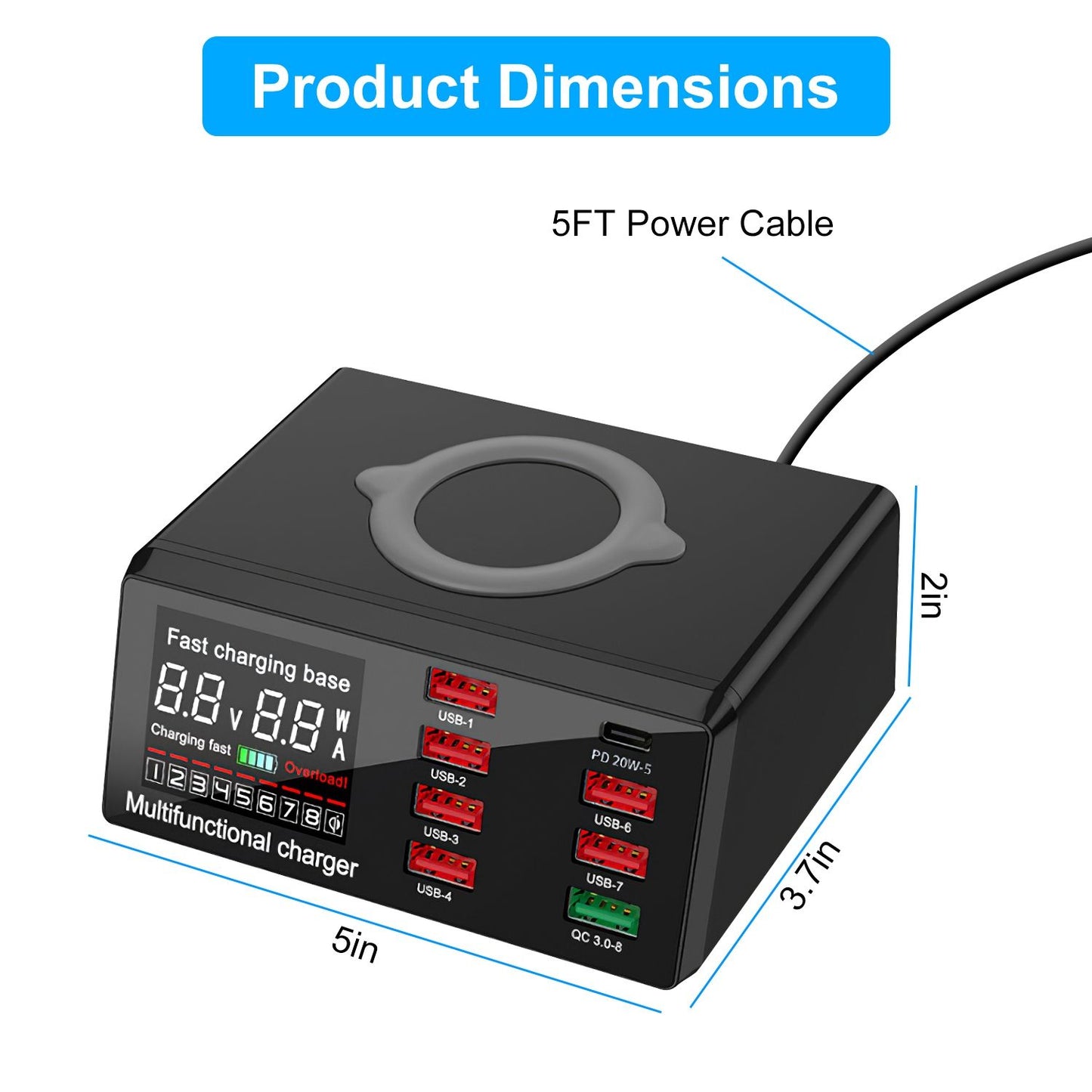 Multifunctional fast charger with multiple USB ports, displaying power input, and dimensions of 5x2x3.7 inches, featuring a 5FT power cable.