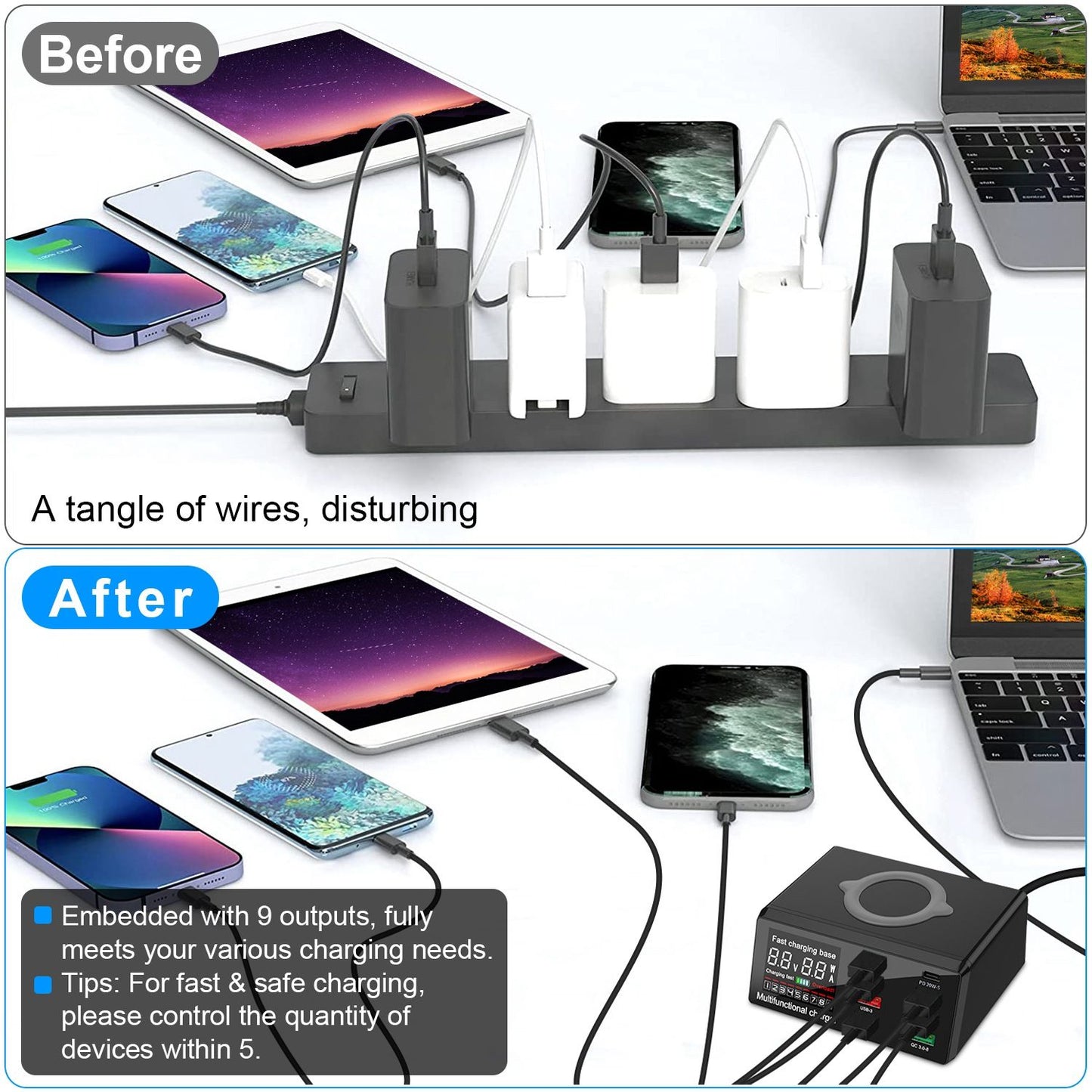 Before and after image of a smart charging station, showing a messy tangle of wires on top and an organized charging setup with multiple devices connected to a sleek charger below, featuring a digital display and 9 outputs for efficient charging.