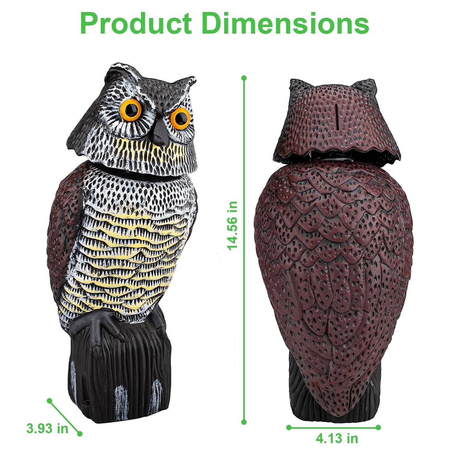 Owl decoration figurine with dimensions 14.56 inches tall, 4.13 inches wide, and 3.93 inches deep, featuring realistic detailing and vibrant colors.