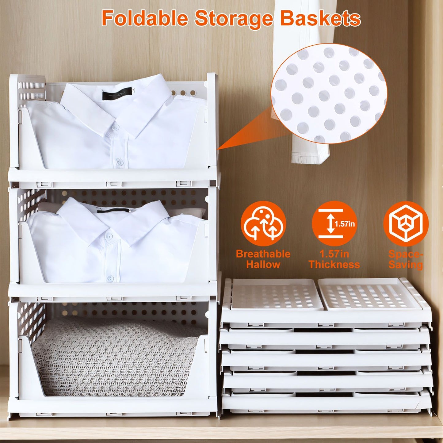 Foldable storage baskets displayed with neatly organized white shirts and a knitted blanket, featuring breathable design and space-saving convenience for efficient closet organization.