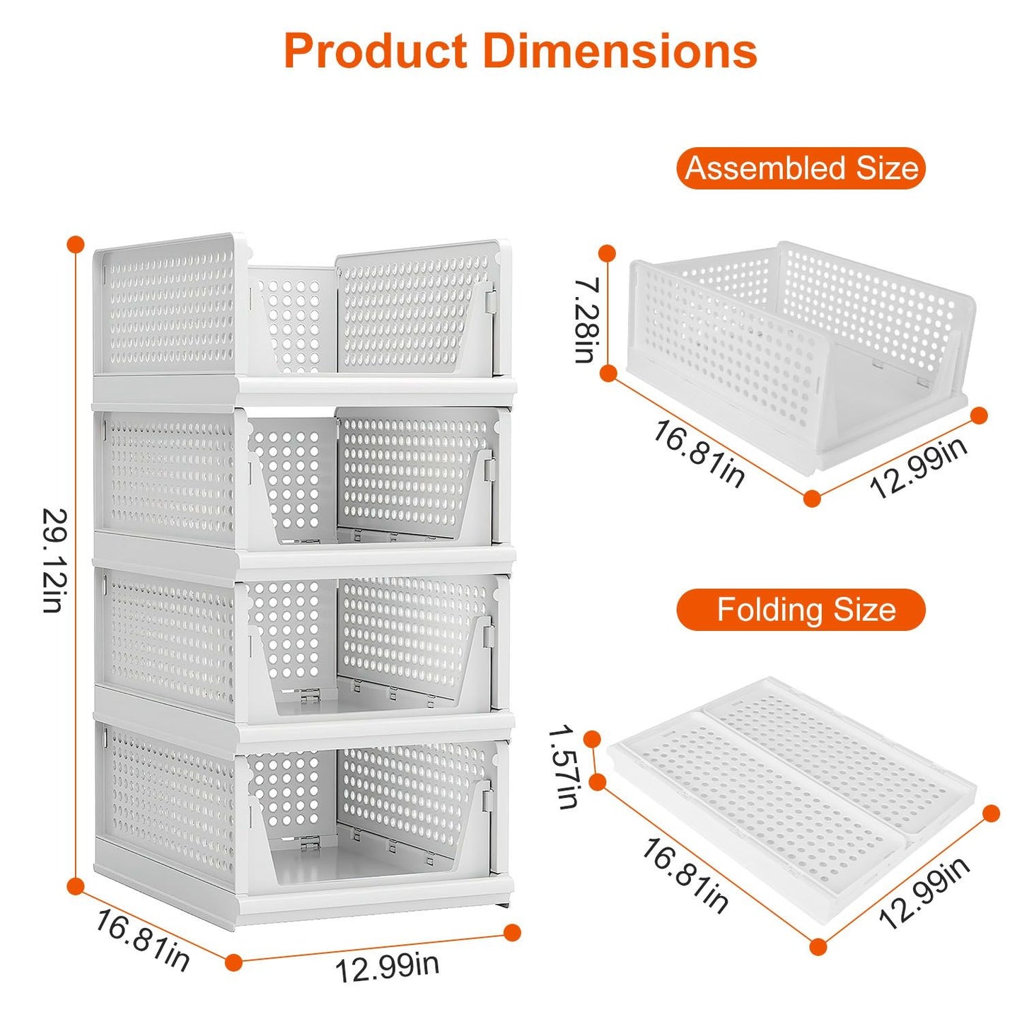 Four-tier white storage basket organizer with dimensions displayed, showcasing assembled and folding sizes for versatile home organization solutions.