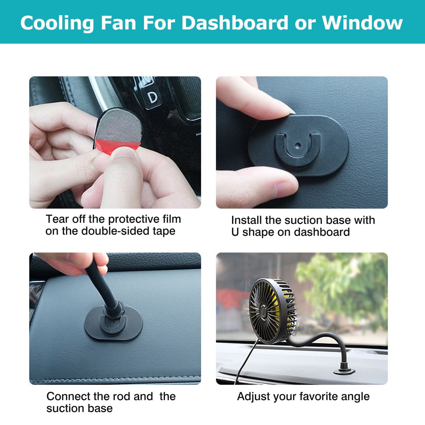 Instructions for installing a cooling fan for the car dashboard or window, showing steps to attach the suction base, connect the rod, and adjust the fan angle for optimal airflow.