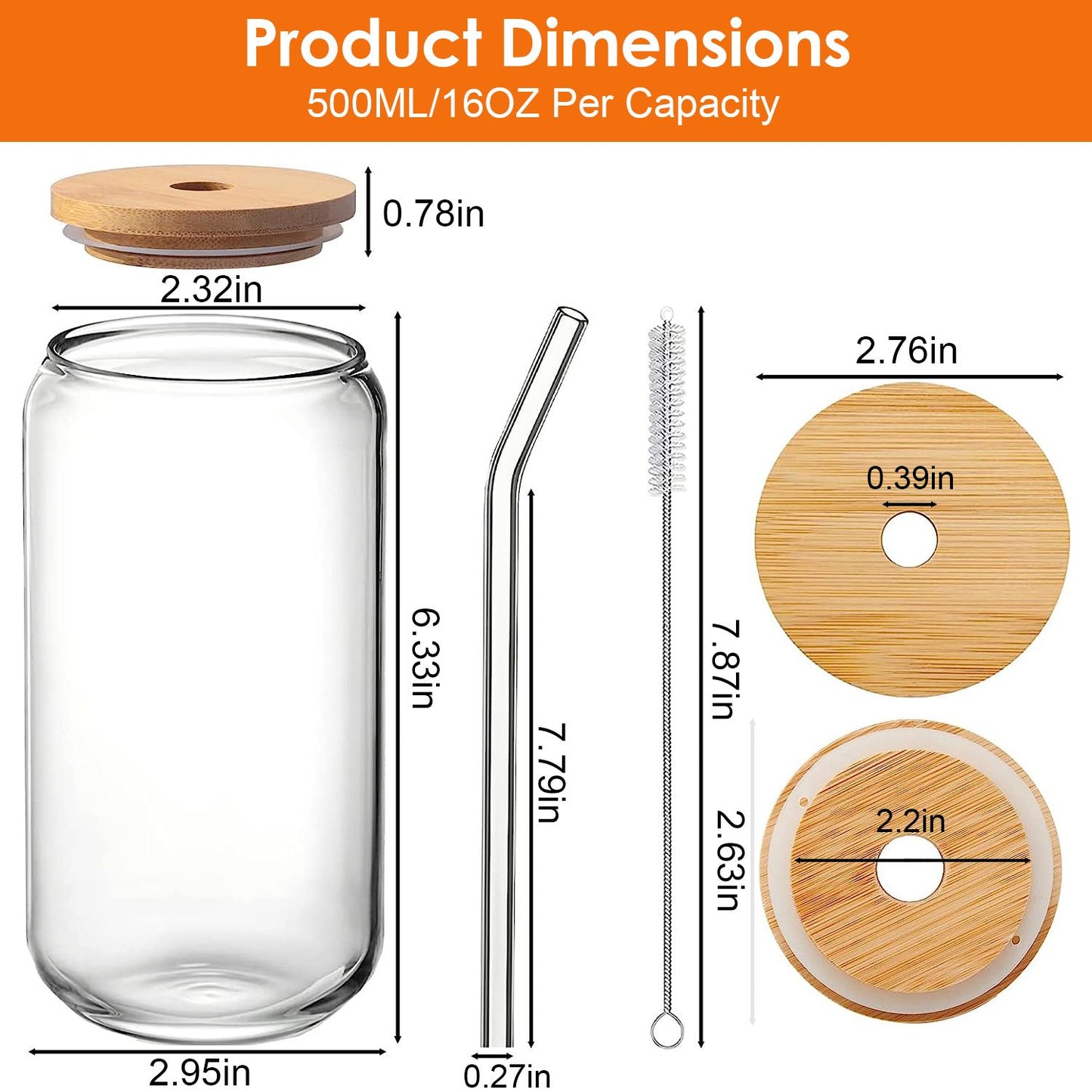 Clear glass jar with bamboo lid, reusable straw, and cleaning brush, showing dimensions for a 500ML/16OZ capacity.
