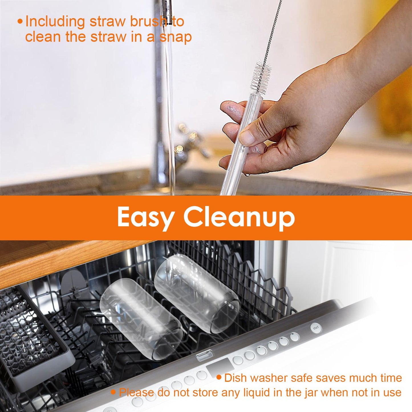 Hand holding a straw brush under running water, demonstrating easy cleaning of reusable straws, with a dishwasher filled with two transparent jars in the background.