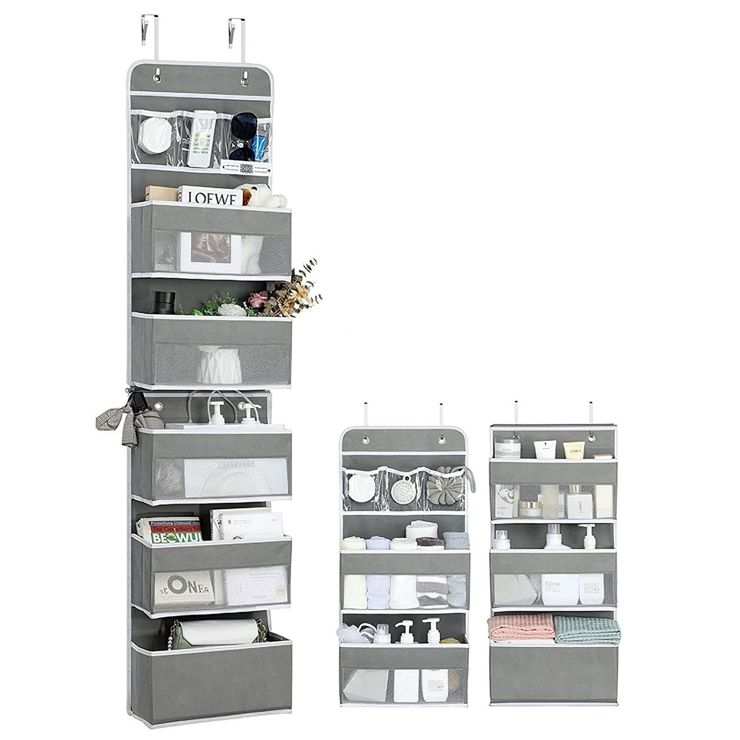 Gray over-the-door organizer with multiple pockets for storage of cosmetics, toiletries, and accessories, featuring a sleek design and easy-hanging hooks.