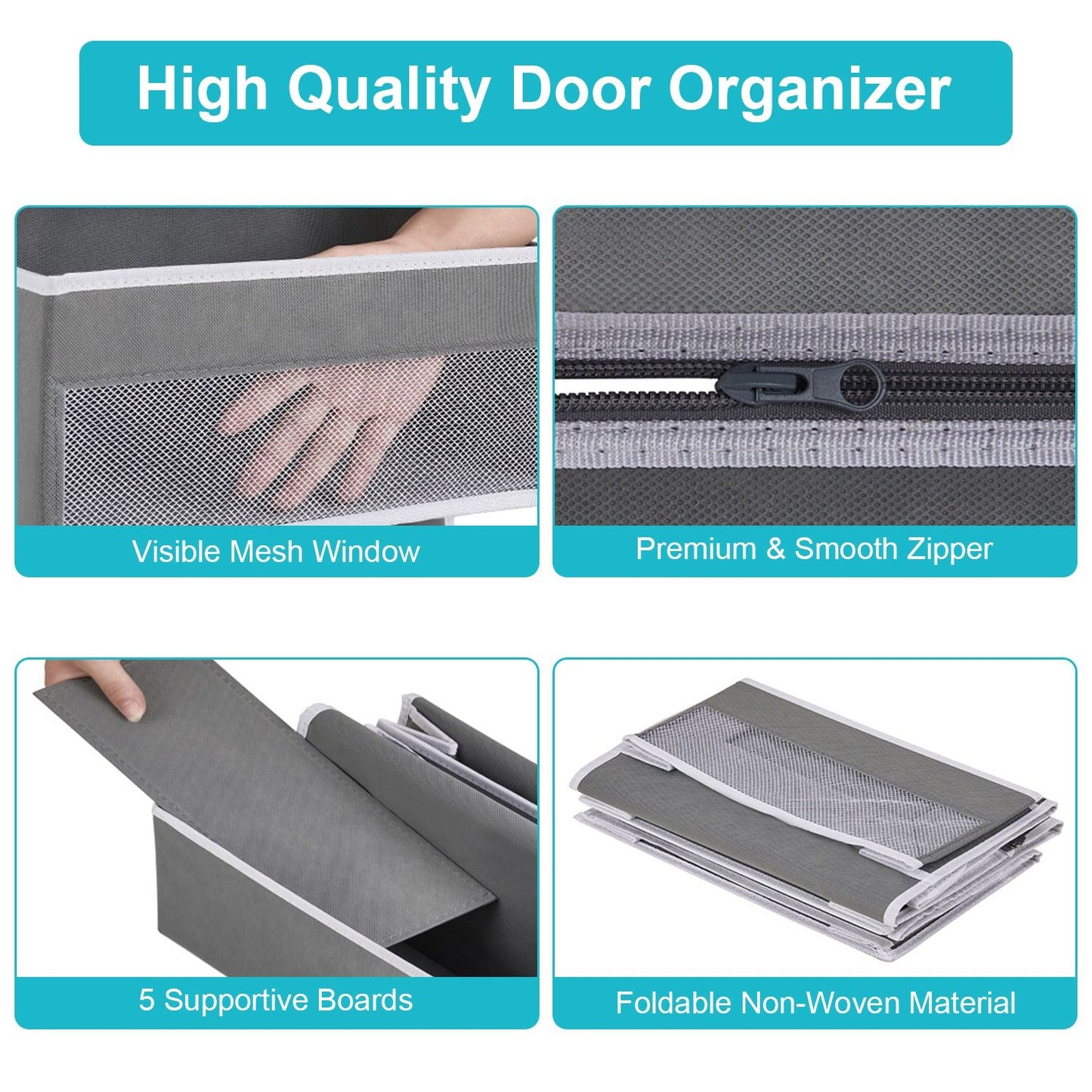 High quality door organizer with visible mesh window, premium zipper, five supportive boards, and foldable non-woven material.
