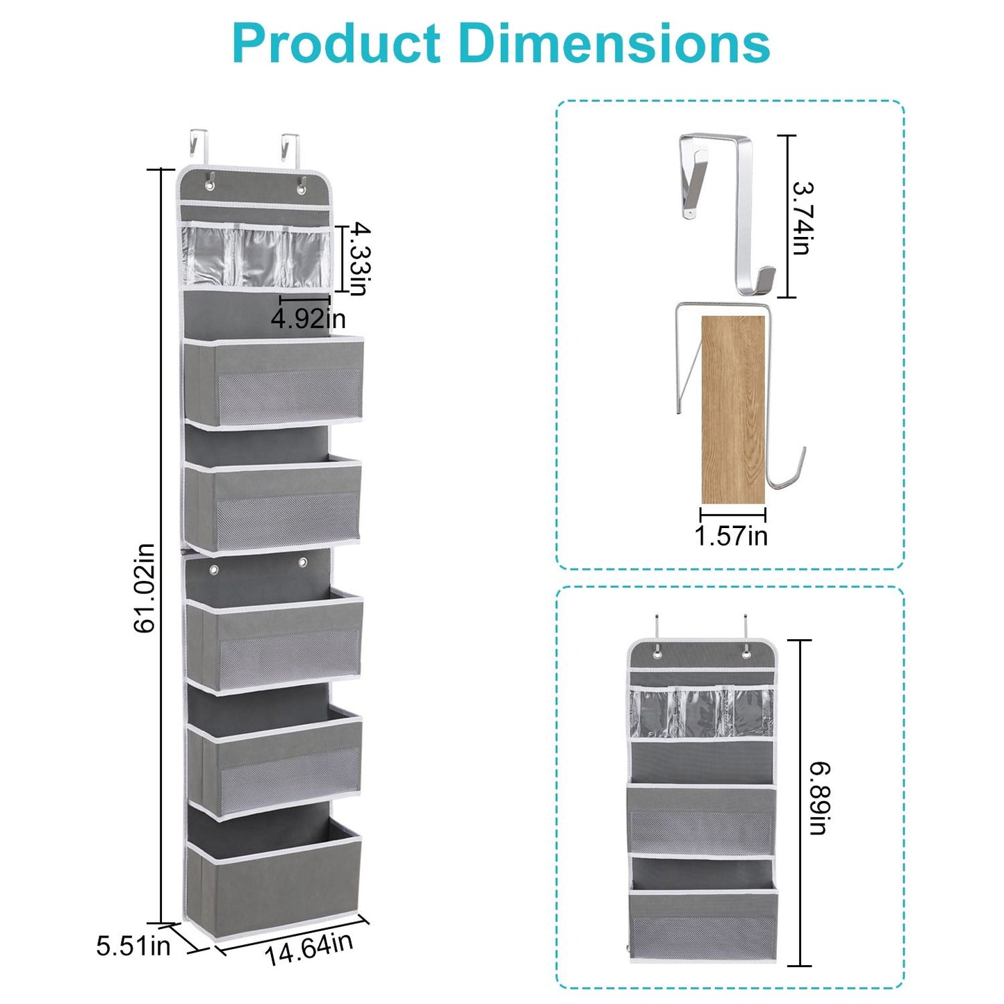 Vertical hanging organizer with multiple compartments, measuring 61.02 inches high, 14.64 inches wide, and 5.51 inches deep, showcasing its dimensions and included accessories for easy installation.