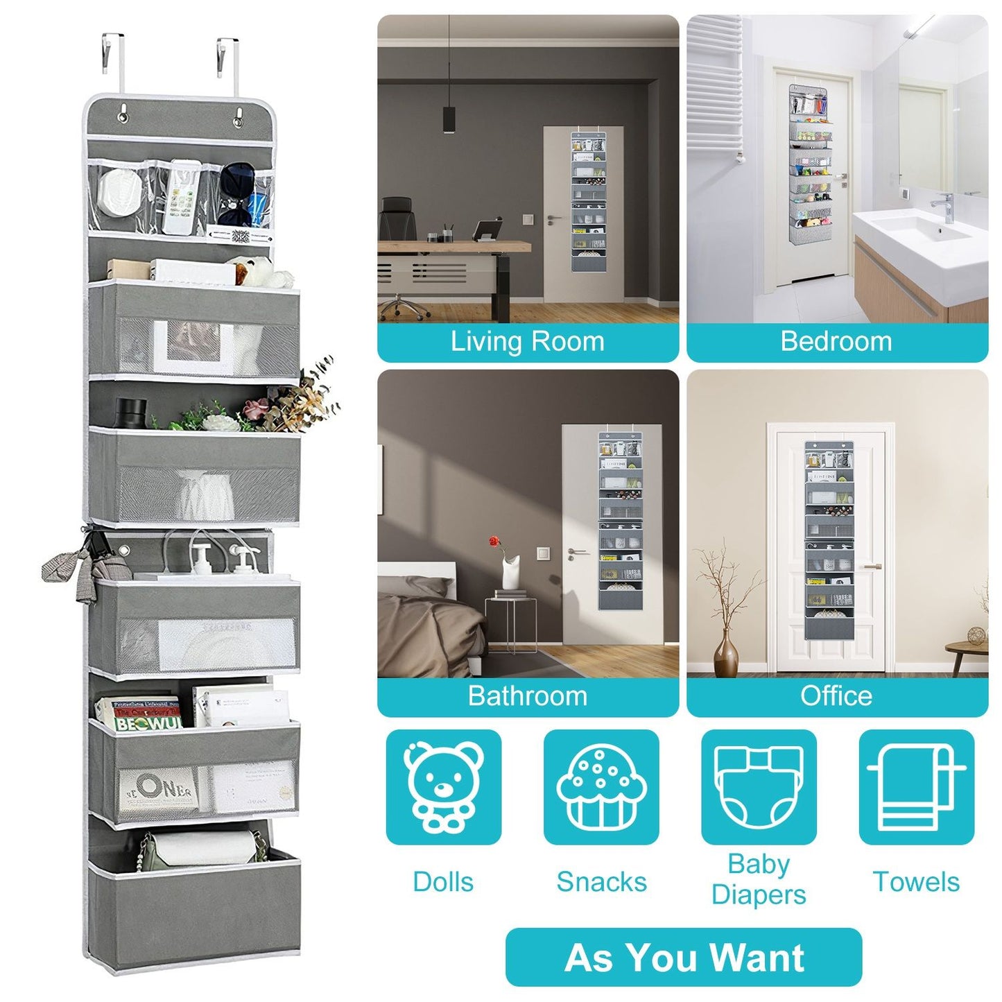 Stylish gray over-the-door storage organizer with multiple pockets for efficient space-saving in various rooms like living room, bathroom, bedroom, and office; ideal for storing items like snacks, dolls, towels, and baby diapers.