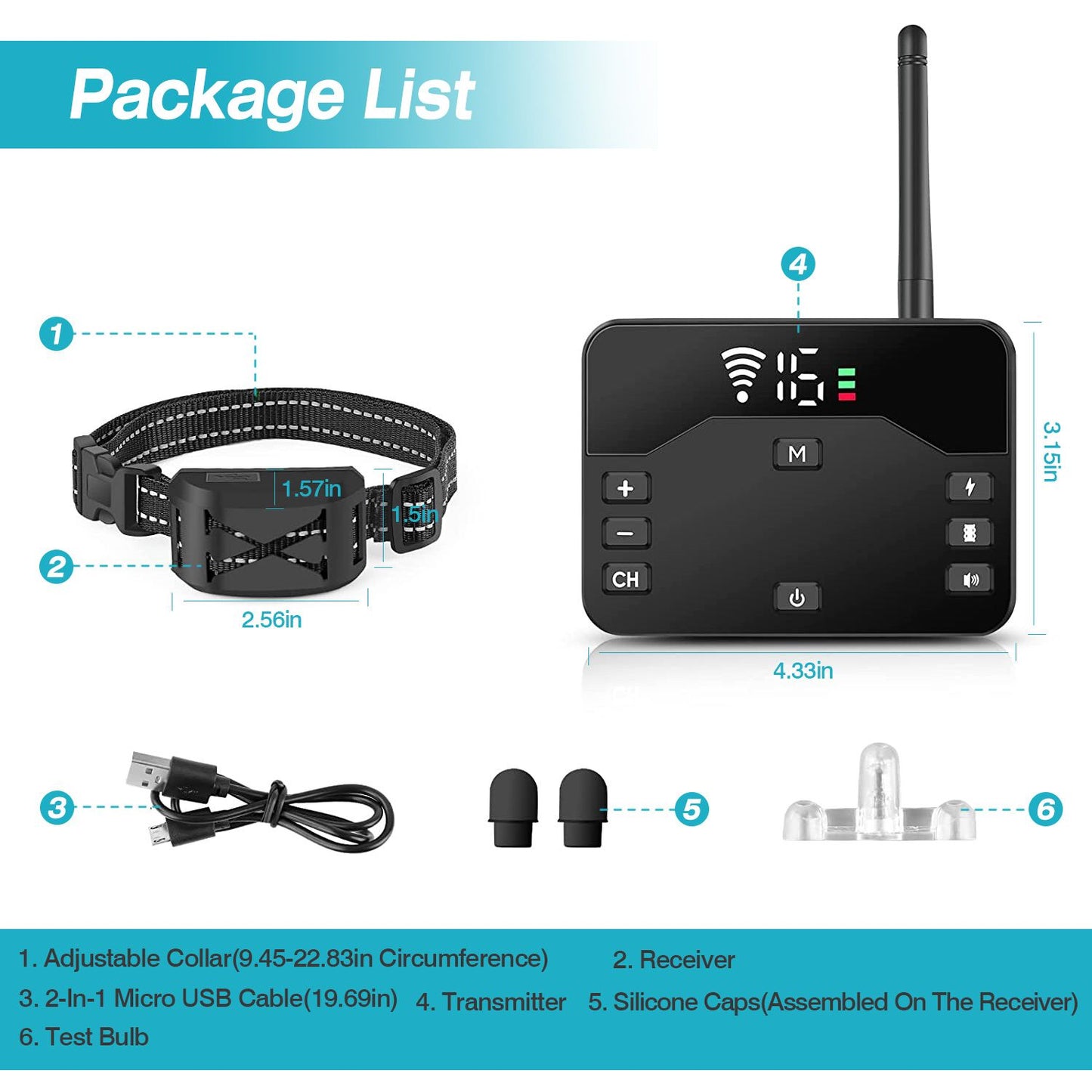 Adjustable dog training collar set featuring a transmitter with LED display, USB charging cable, silicone caps, and test bulb, designed for effective pet training with a range of accessories.