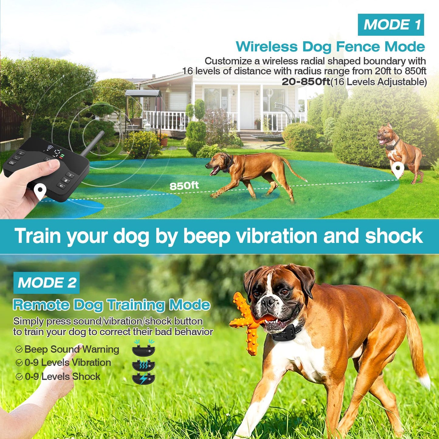 Wireless dog training collar with customizable fence and remote training features, showcasing a dog playing outdoors, demonstrating beep, vibration, and shock modes for effective training.