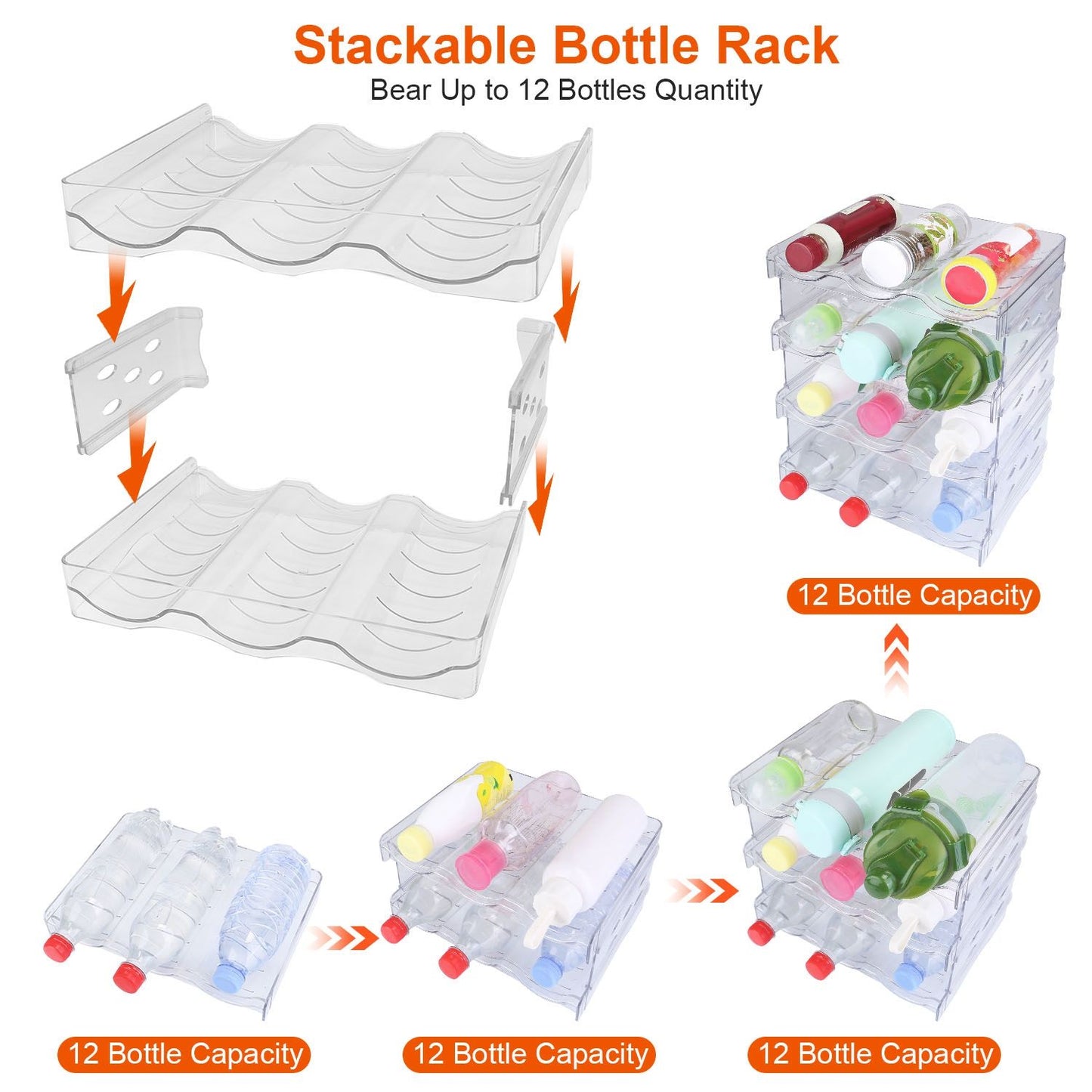 Stackable clear bottle rack designed to hold up to 12 bottles, featuring interlocking trays and storage for various bottle sizes, ideal for kitchen or bathroom organization.