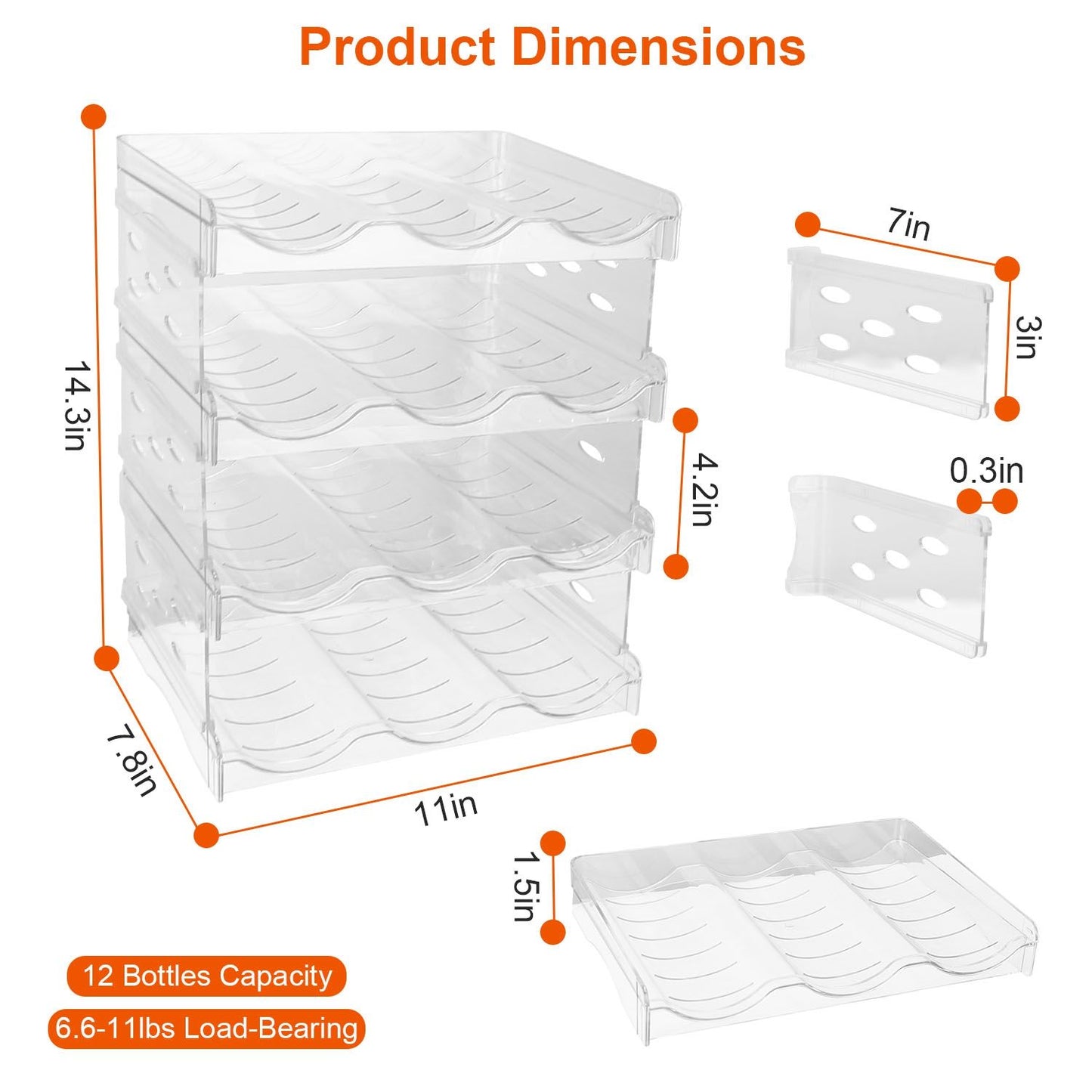 Clear acrylic bottle organizer with dimensions displaying 12-bottle capacity and adjustable load-bearing between 6.6 to 11 lbs.