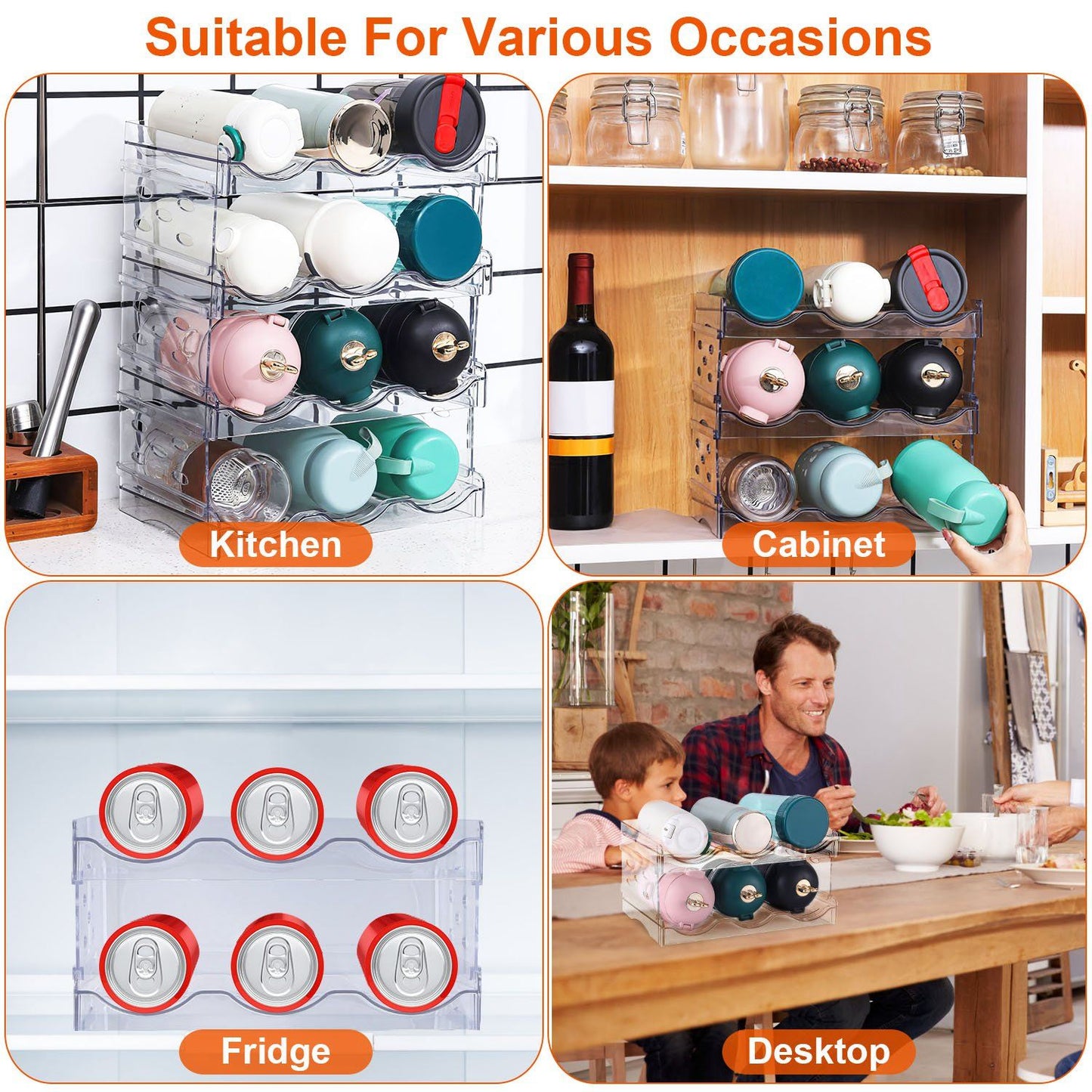 Clear acrylic beverage organizer displaying various mugs and cans in a kitchen, cabinet, fridge, and desktop settings, illustrating its versatility for different occasions.