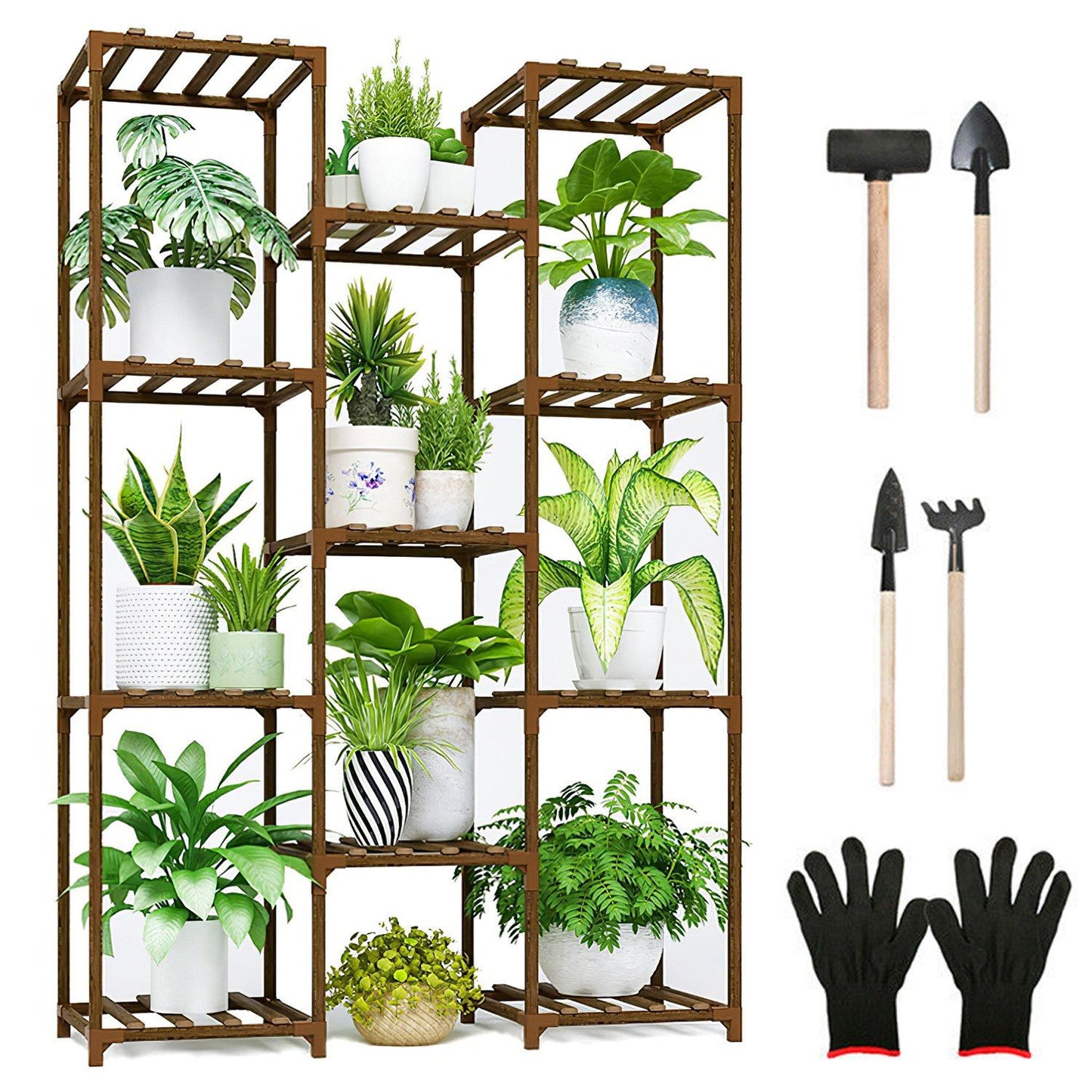 Wooden plant stand with various potted plants, including ferns and succulents, alongside gardening tools and gloves.