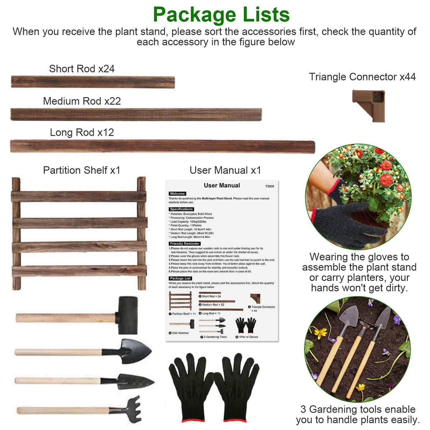 Plant stand package contents including various rods, a partition shelf, a user manual, gardening gloves, and tools for assembly and care of plants.