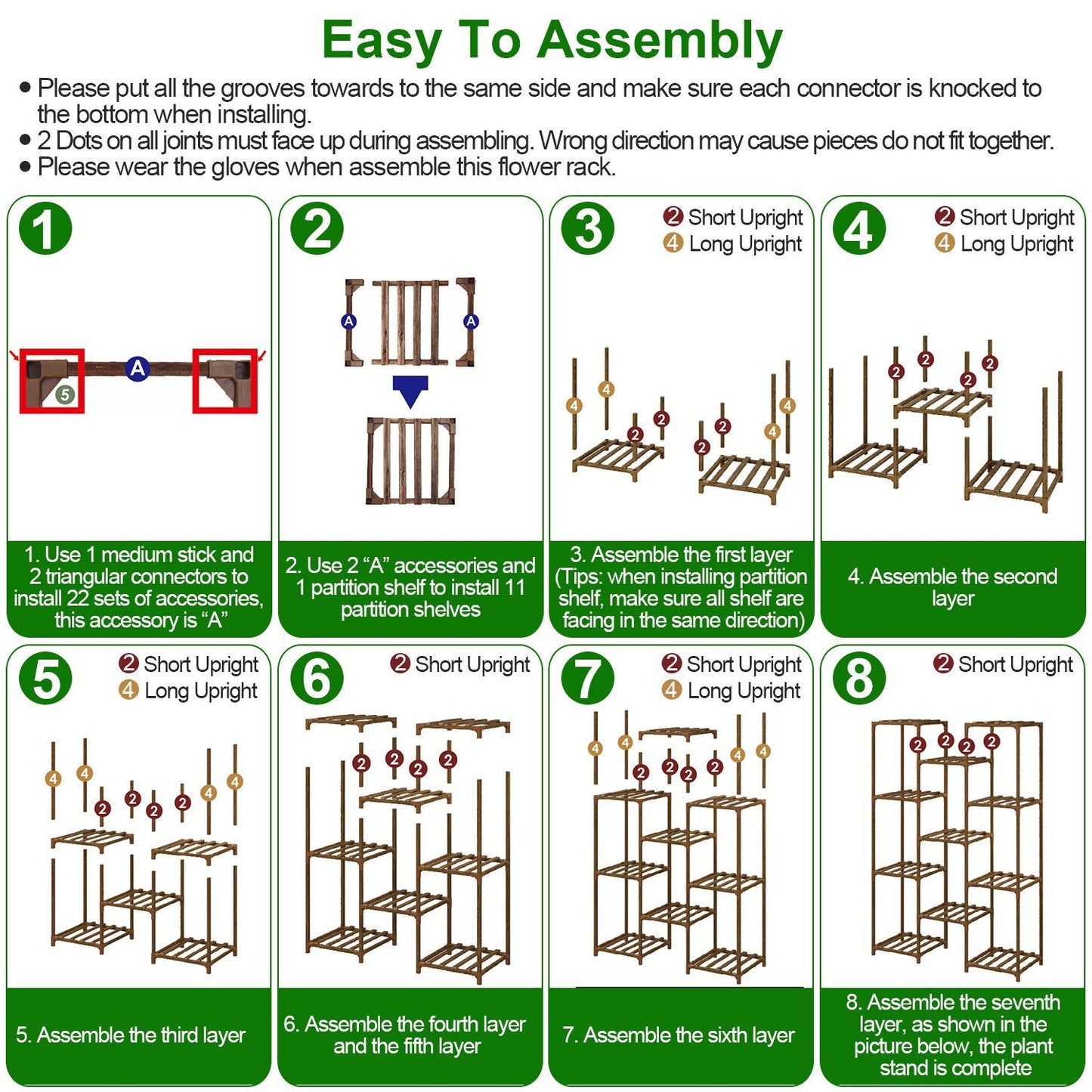 Step-by-step assembly instructions for a wooden flower rack, highlighting tool usage and correct orientation of connectors for easy and efficient setup.