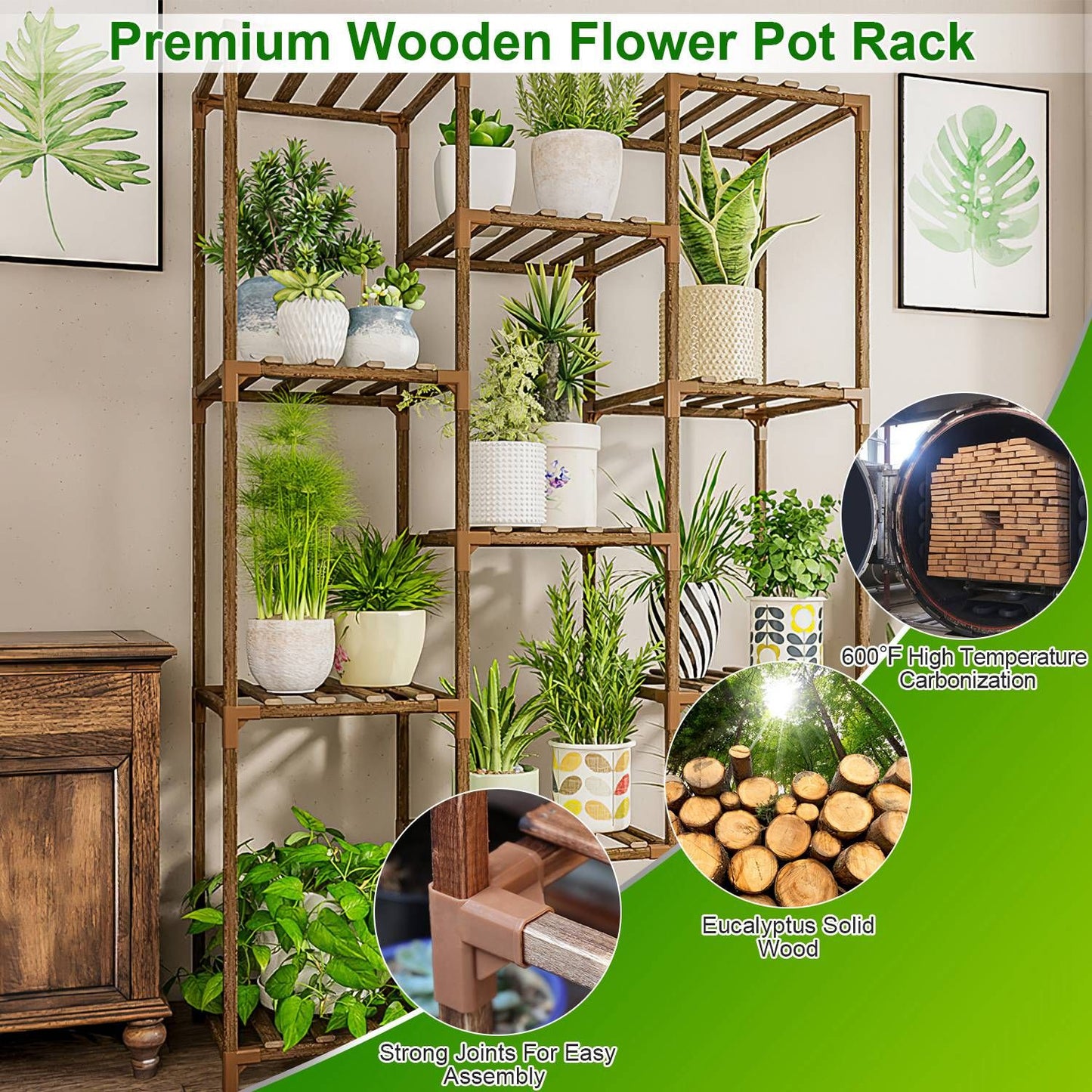 Premium wooden flower pot rack showcasing various potted plants, featuring strong joints for easy assembly and made from eucalyptus solid wood with 600°F high-temperature carbonization for durability.