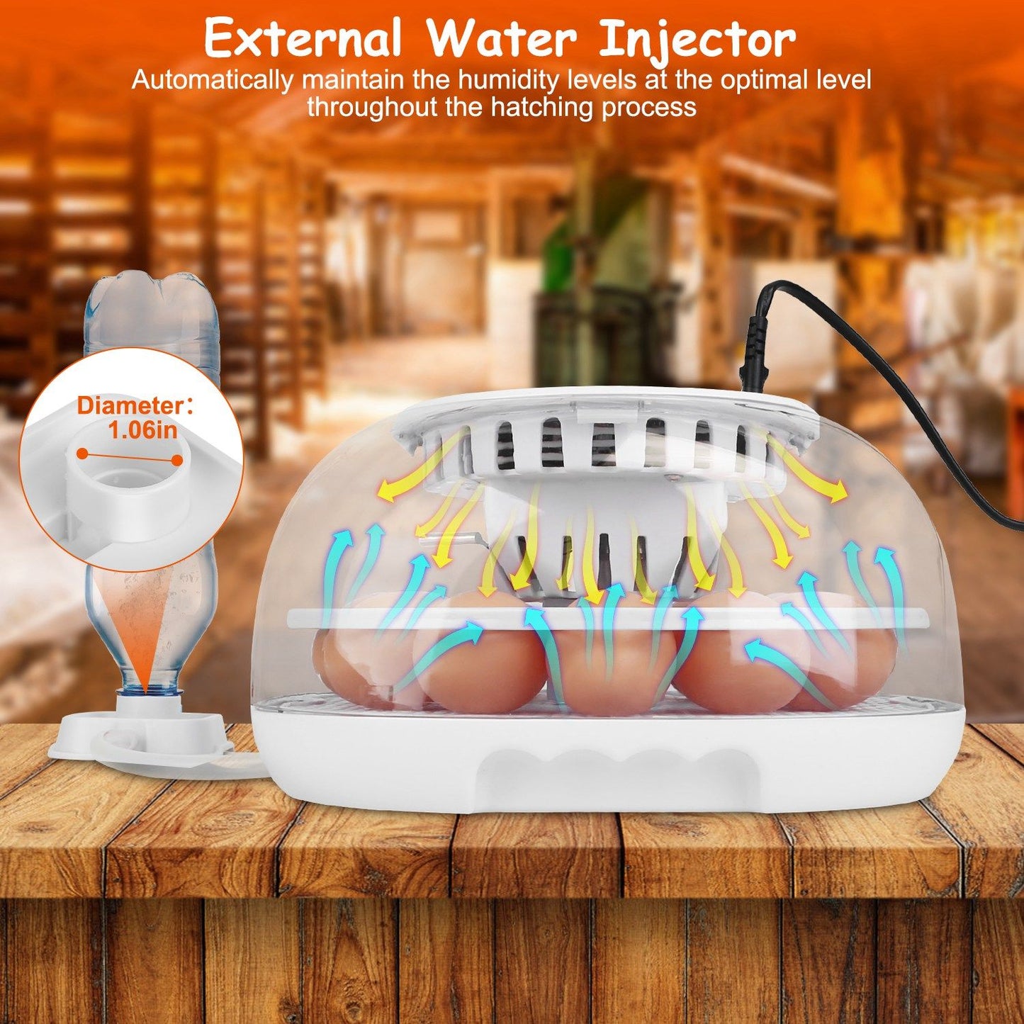 Automatic egg incubator with external water injector for optimal humidity levels during hatching, featuring a transparent design and visible eggs on a wooden surface.