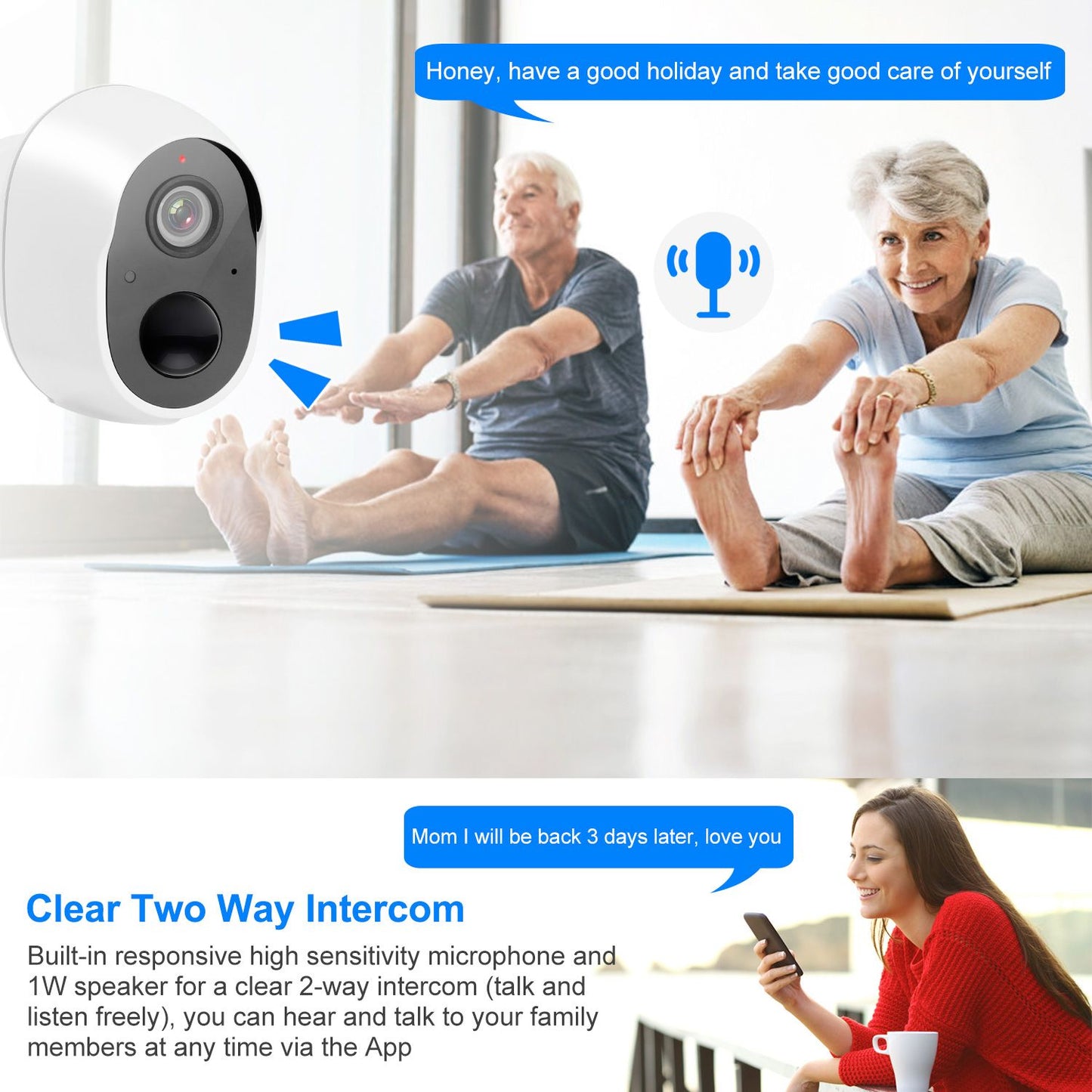 Two elderly individuals exercising on yoga mats while a person uses a smartphone to communicate via a two-way intercom app, showcasing the importance of staying connected with family.