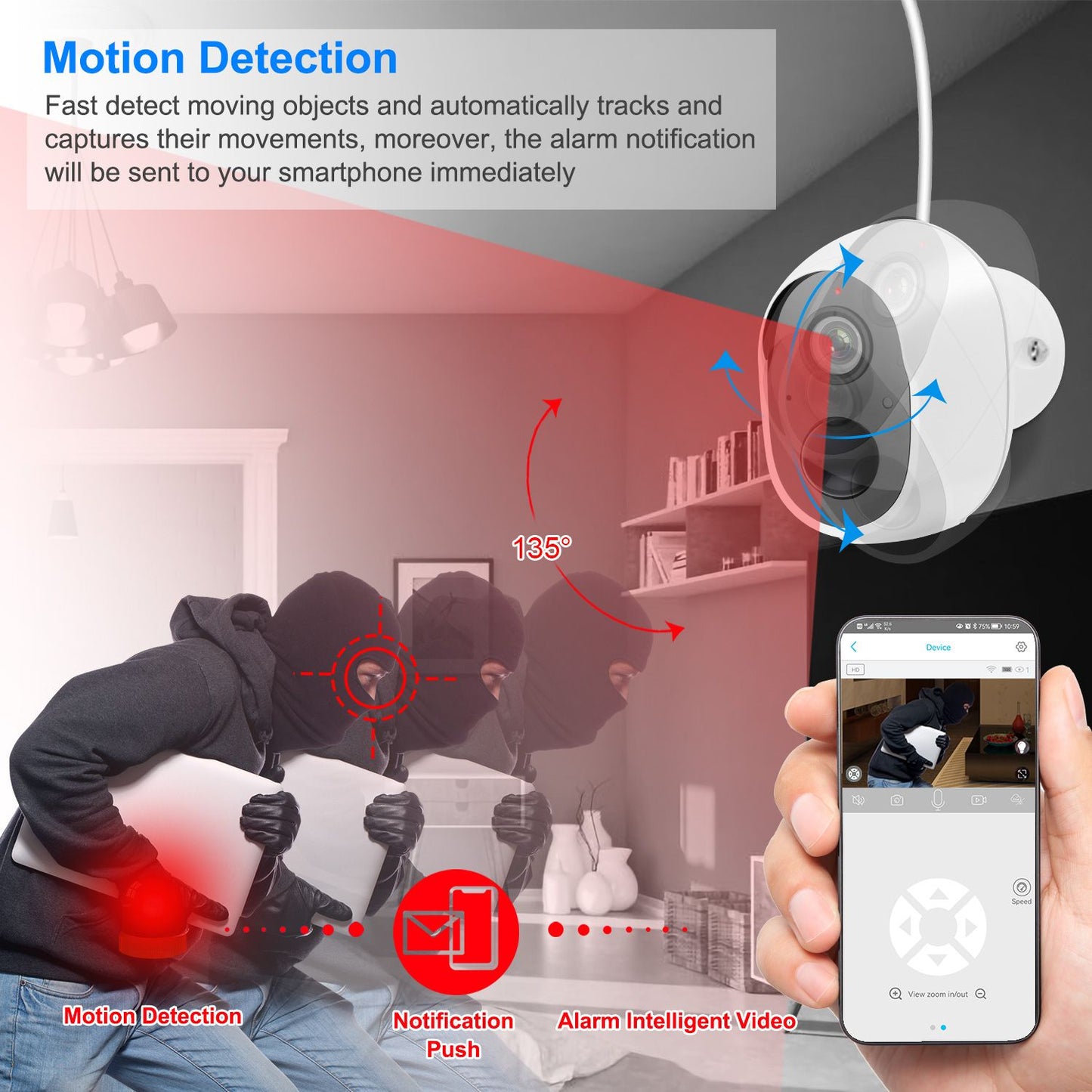 Smart security camera image showcasing motion detection feature, capturing intruders in action while sending instant smartphone alerts.