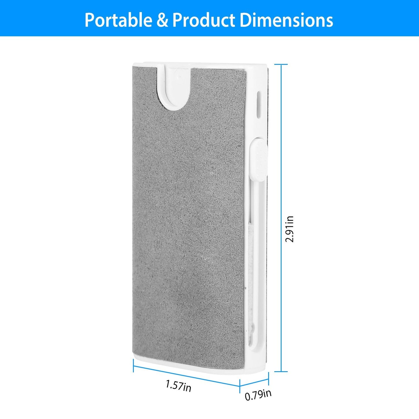 Portable product dimensions image showcasing a slim, gray, rectangular device with dimensions of 2.9 inches height, 1.57 inches width, and 0.79 inches depth, designed for easy transport and sleek styling.