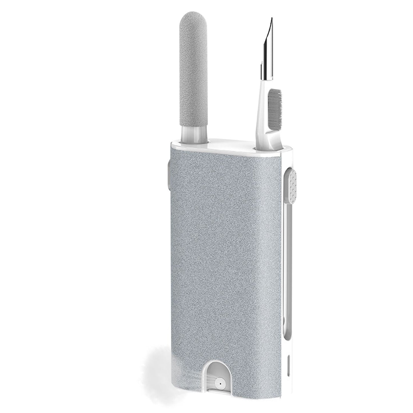 Portable dental care kit featuring a toothbrush, dual-ended dental scaler, and soft cleaning brush, designed for effective oral hygiene on-the-go in a sleek gray case.