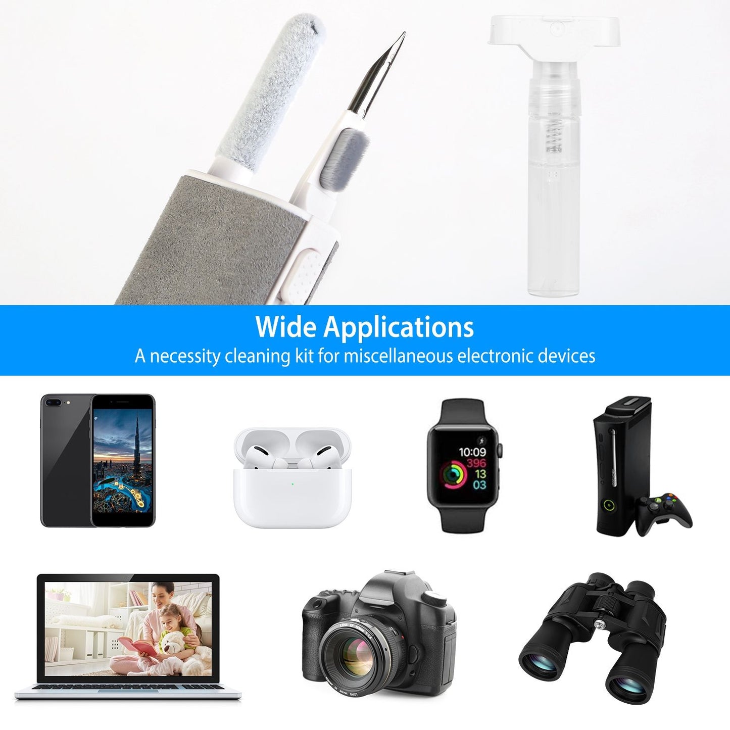 Cleaning kit for electronic devices including smartphone, AirPods, smartwatch, gaming console, laptop, camera, and binoculars, featuring cleaning tools and a spray bottle, with a focus on wide application usability.