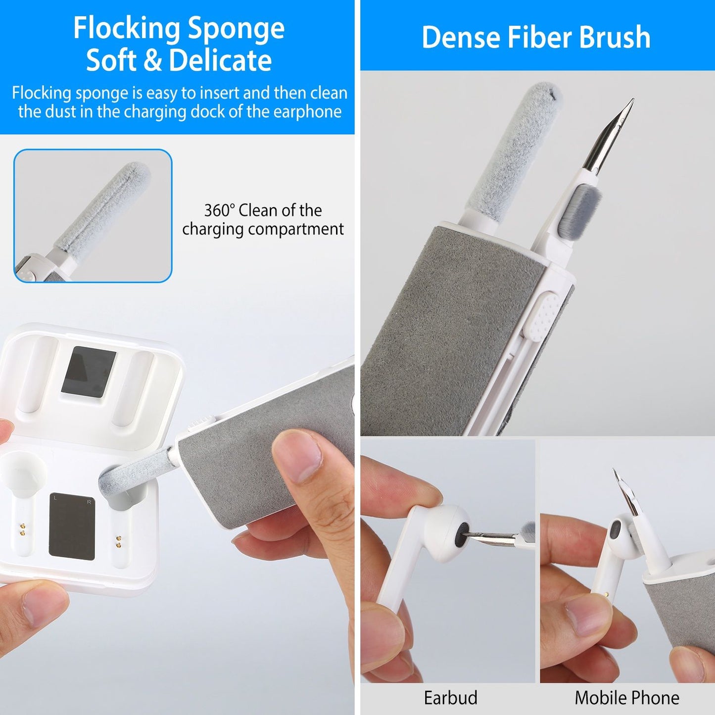 Cleaning brush and flocking sponge for wireless earbuds, effectively removing dust from charging dock and earbud surfaces.
