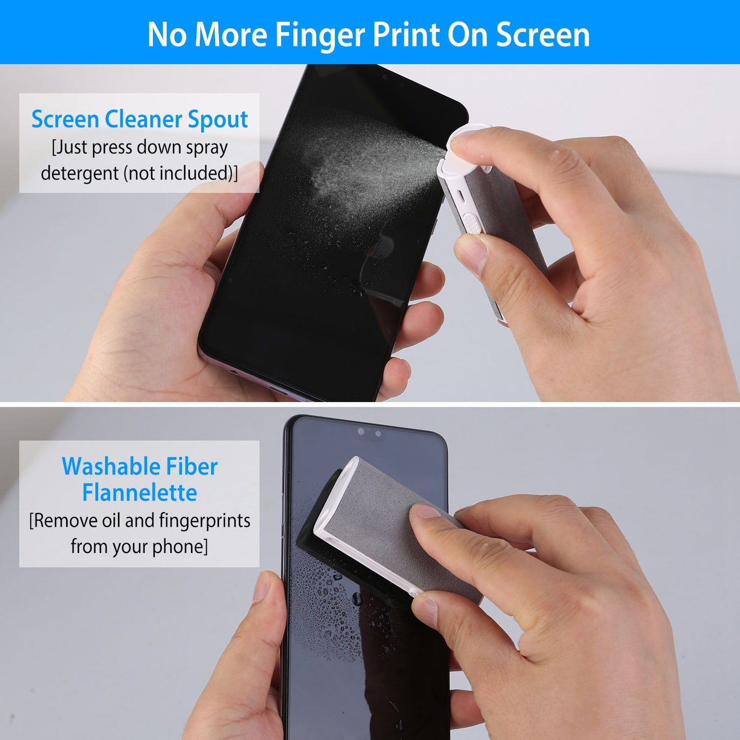 Image of a hand using a screen cleaner spout to spray a smartphone, followed by wiping it with a washable fiber flannelette to remove fingerprints and oil, illustrating a dual cleaning process for mobile devices.