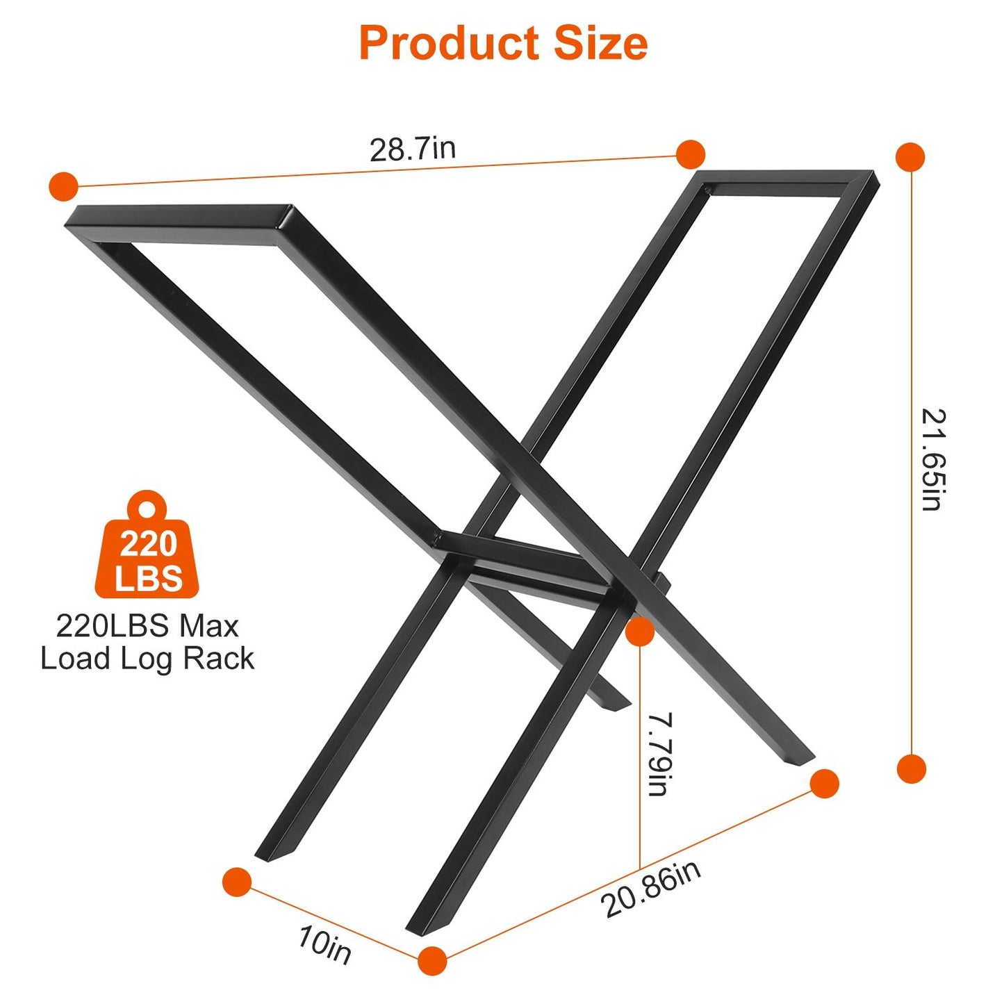 Dimensions of a sturdy black log rack with a maximum load capacity of 220 lbs, measuring 28.7 inches in width, 21.65 inches in height, 20.86 inches in depth, and 7.79 inches in leg height.