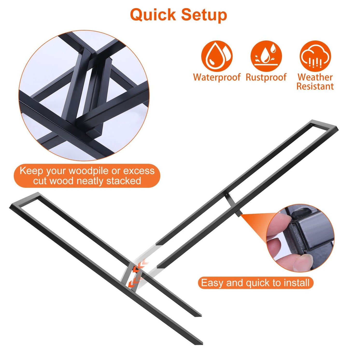 Wood stacking rack featuring quick setup, waterproof and rustproof design, ideal for neatly organizing firewood or logs outdoors.