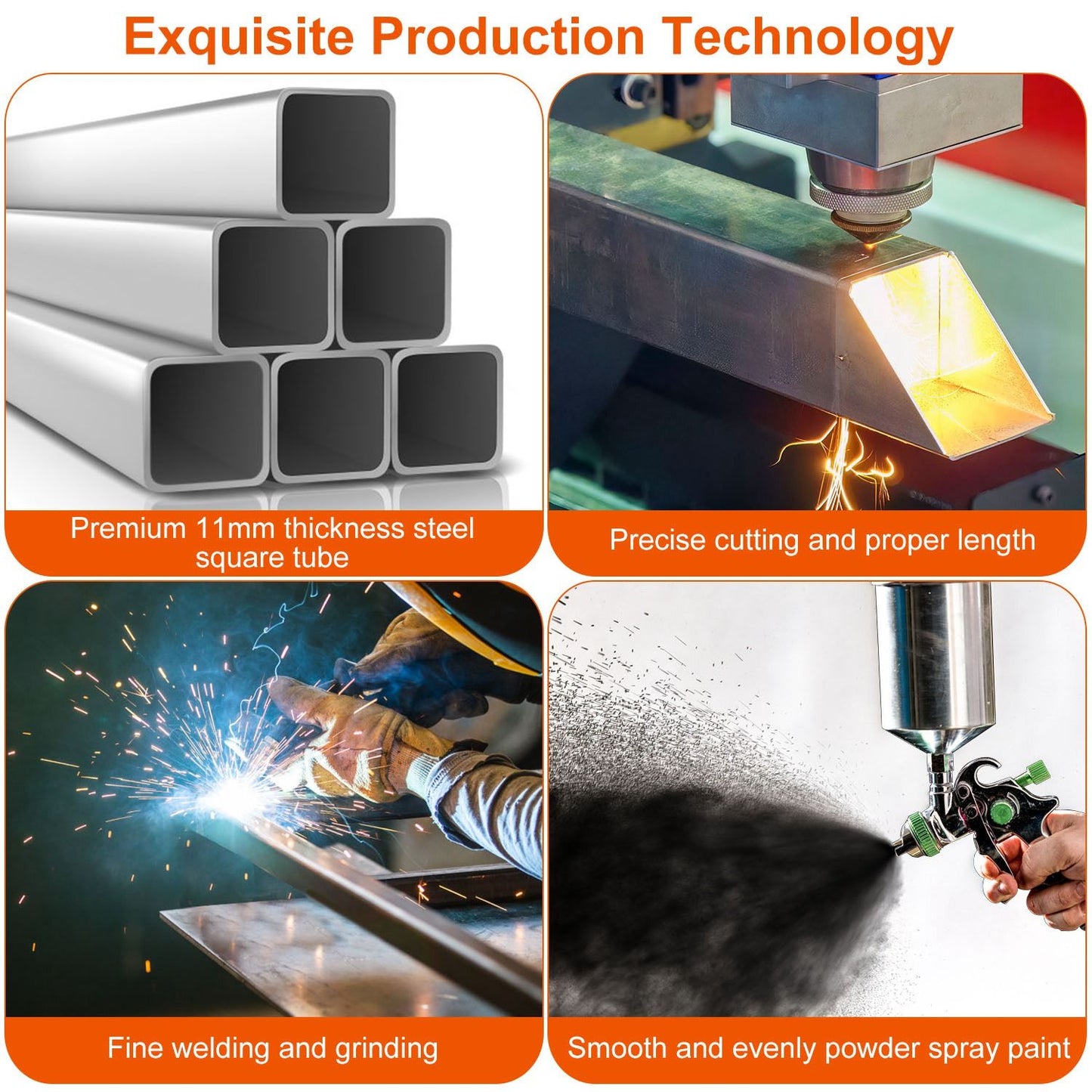 Image showcasing premium 11mm steel square tubes, precise cutting techniques, fine welding, and smooth powder spray painting in a detailed production process.