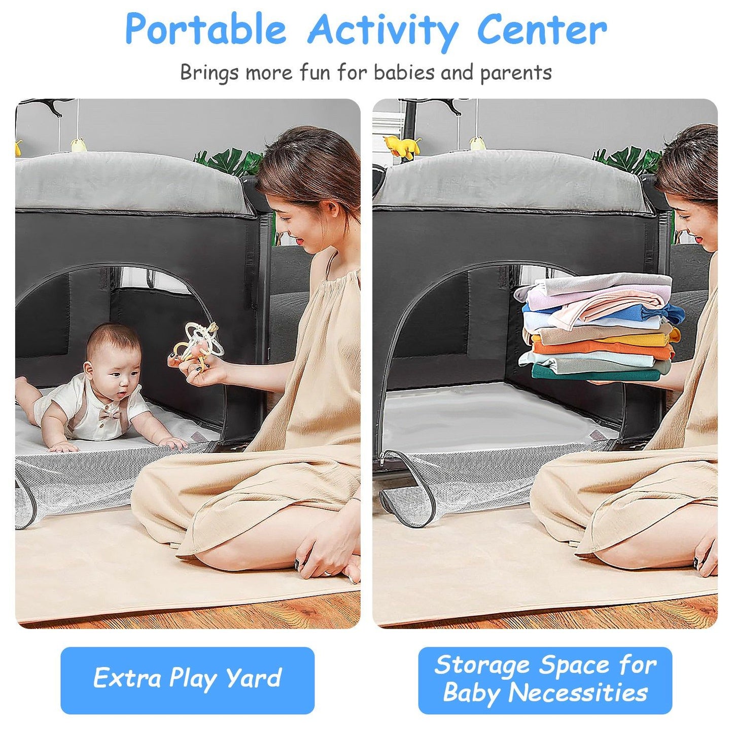 Portable Activity Center designed for babies and parents, featuring an extra play yard on the left and storage space for baby necessities on the right, showcasing a child and a caregiver engaging happily.