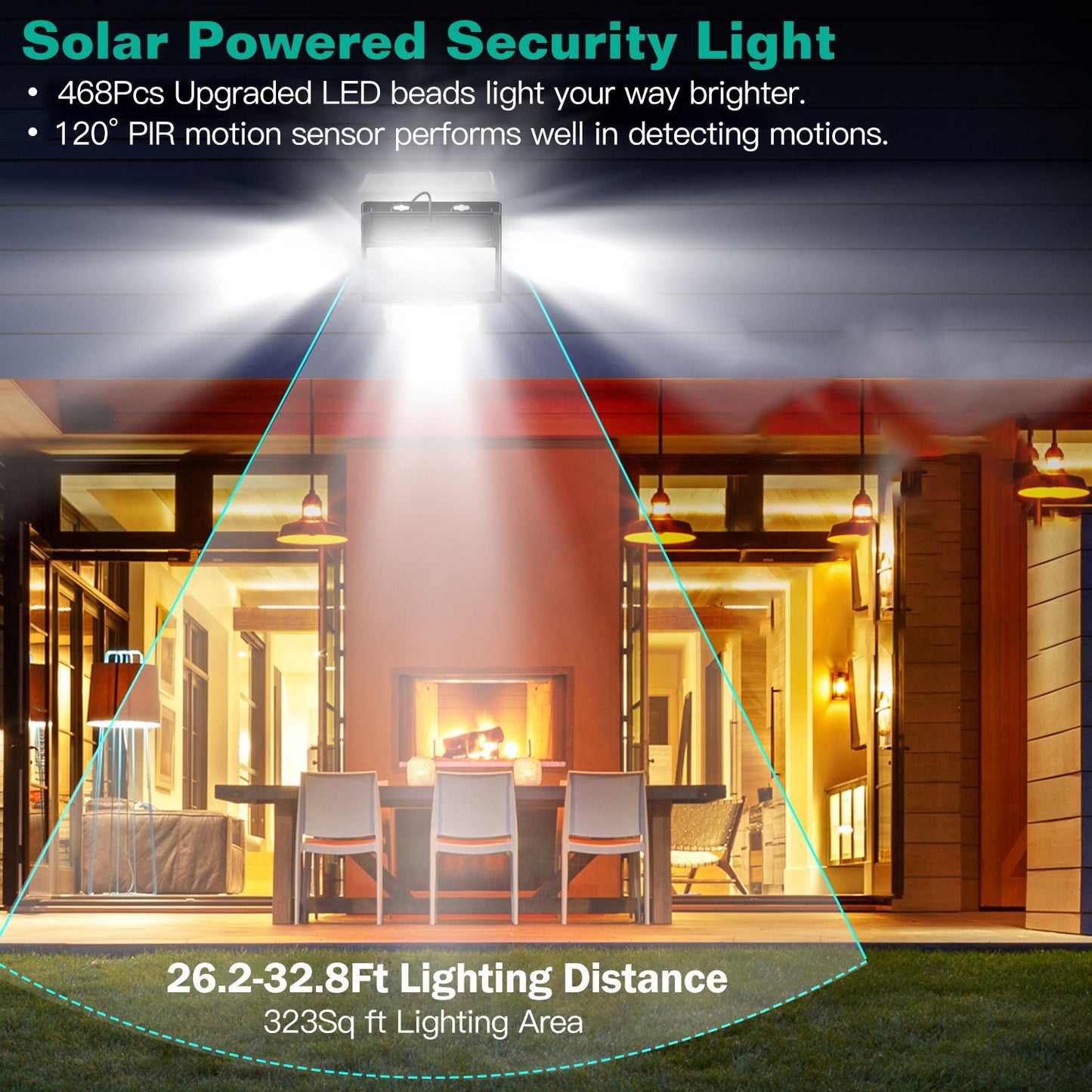 Solar-powered security light with 468 LED beads, featuring a 120° PIR motion sensor, designed to illuminate areas up to 323 sq ft and detected motions from 26.2 to 32.8 feet away.