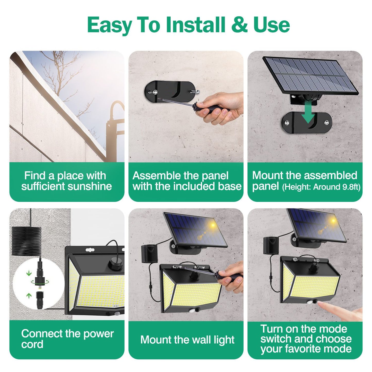 Illustration of step-by-step installation process for a solar-powered wall light, including finding sunlight, assembling the panel, mounting, connecting the power cord, and activating lighting modes.
