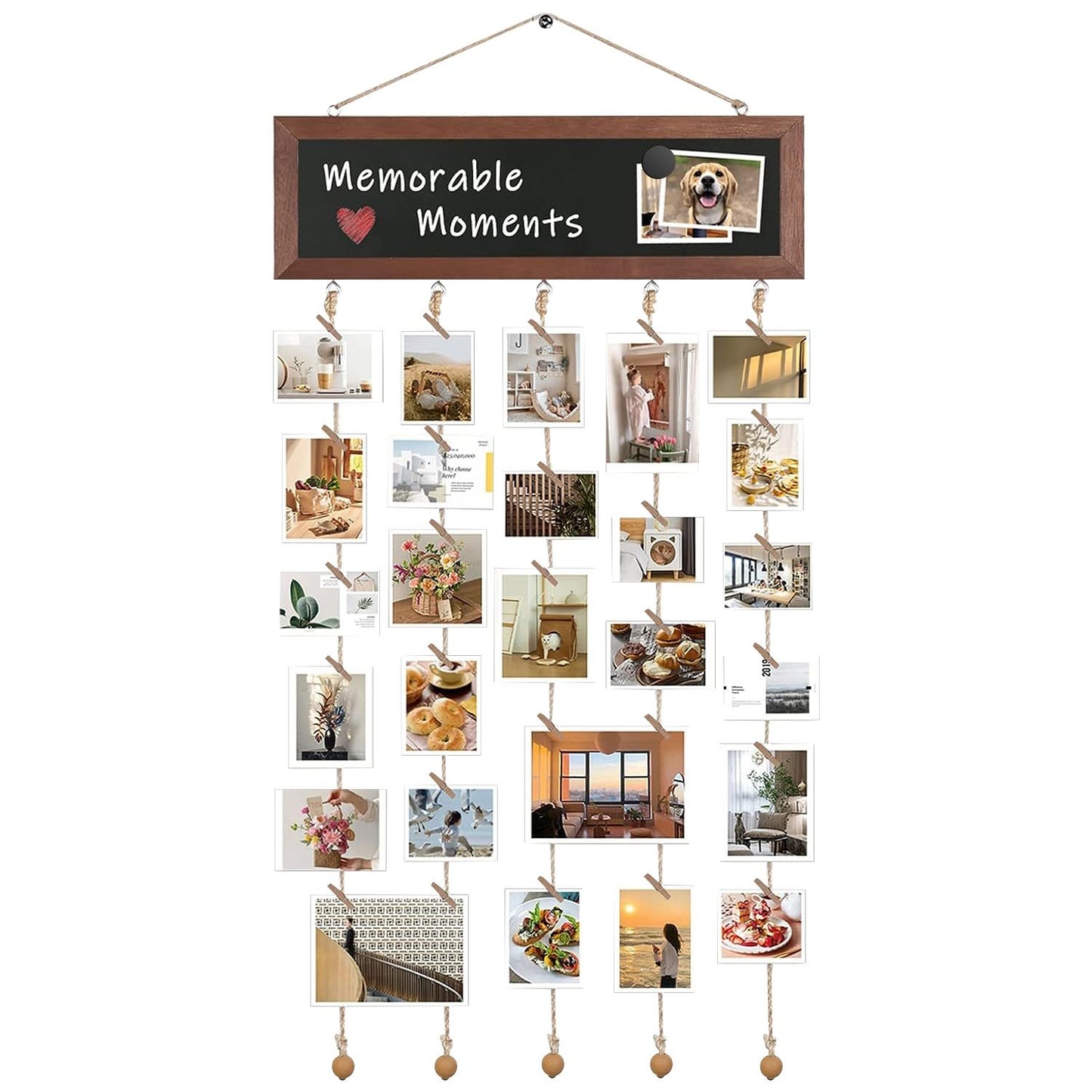 Decorative photo display board with 'Memorable Moments' header, featuring various lifestyle images hung on twine clips, ideal for showcasing cherished memories and personal photos.