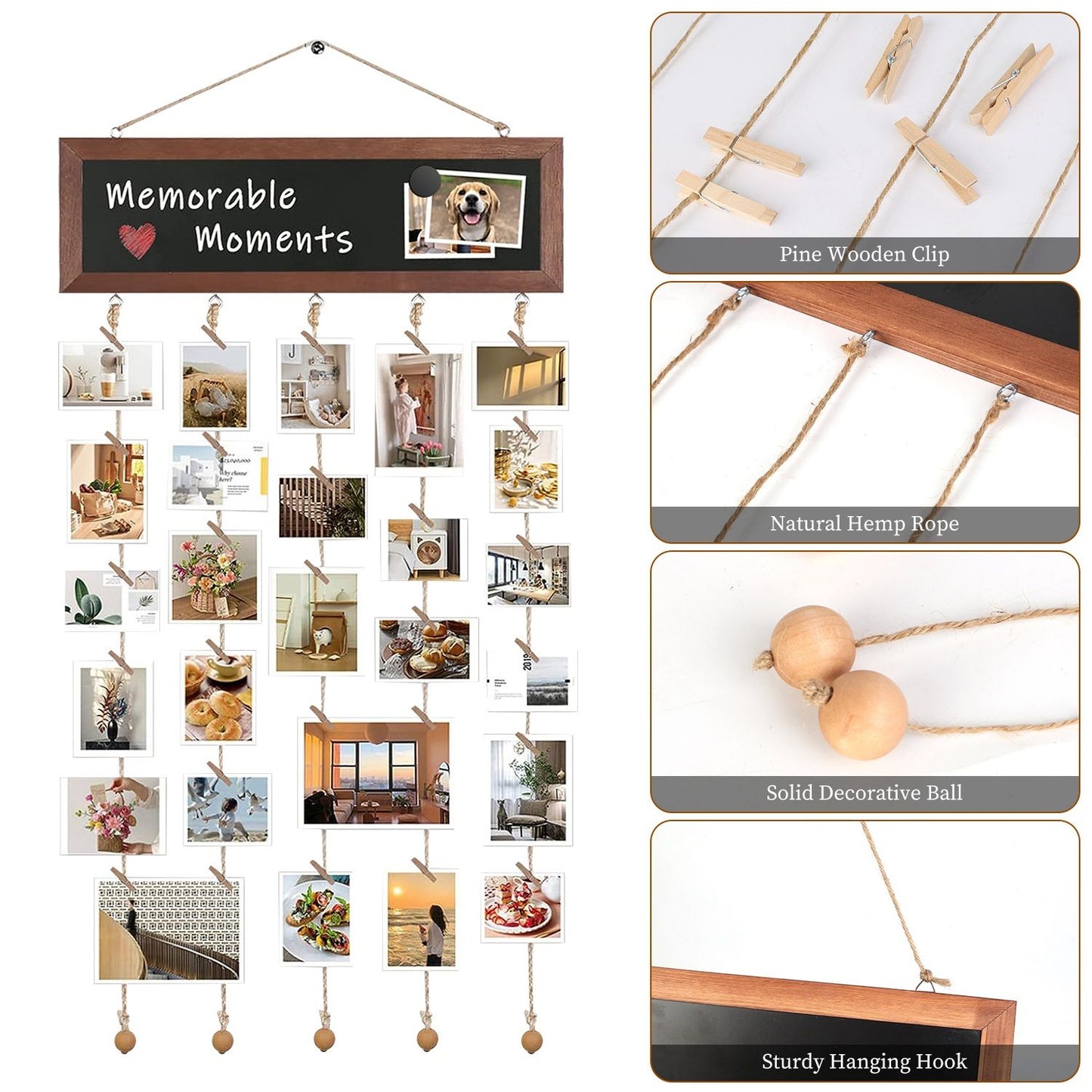 Memorable moments photo display wall art featuring pine wooden clips, natural hemp rope, and solid decorative balls, ideal for showcasing cherished memories and photos.