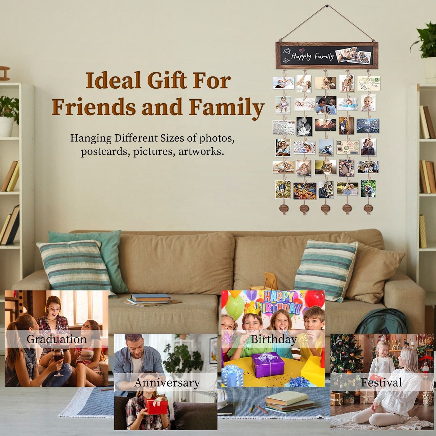 Wall-mounted photo display showcasing various sizes of pictures, postcards, and artworks as a unique gift idea for friends and family, with a comfortable living room setting featuring a sofa and decorative elements.