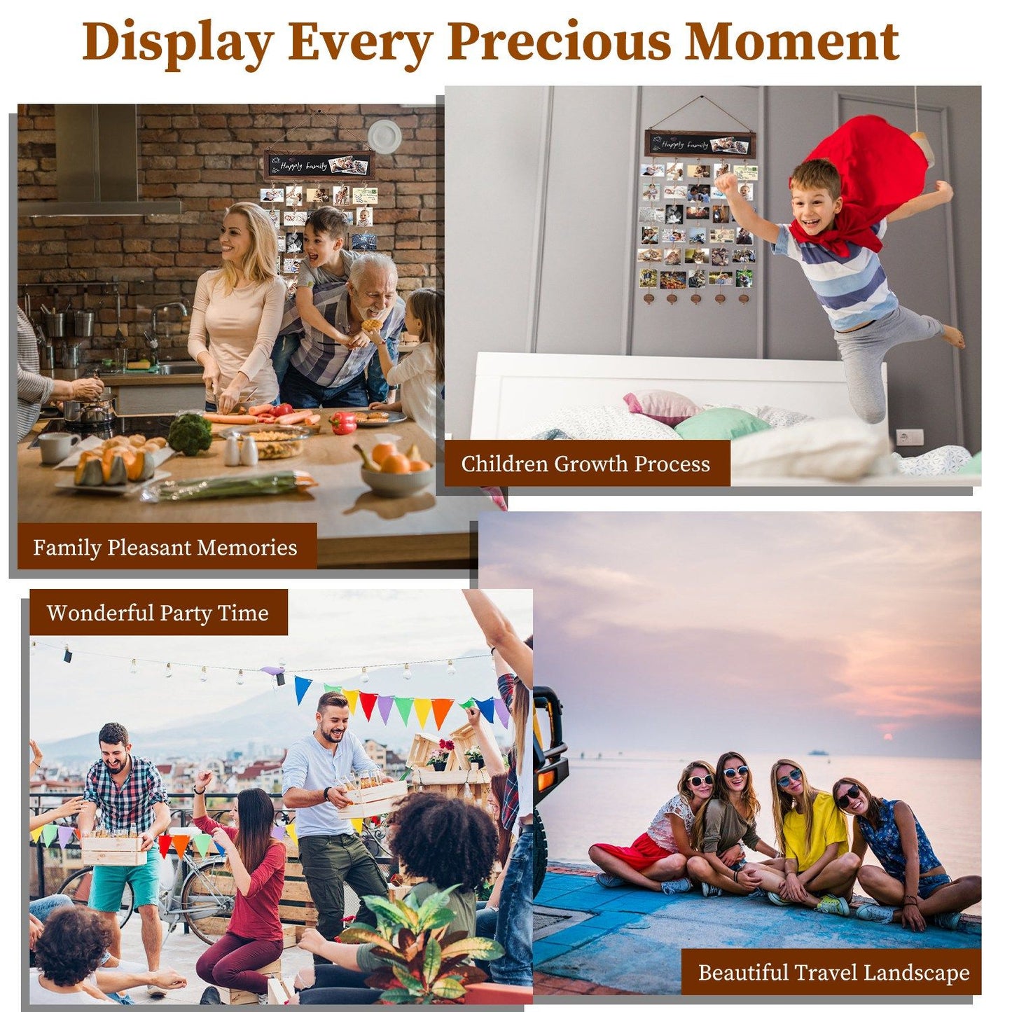Collage of heartwarming family moments depicting children's growth, joyful gatherings, and beautiful travel scenes, highlighting precious memories and special occasions.
