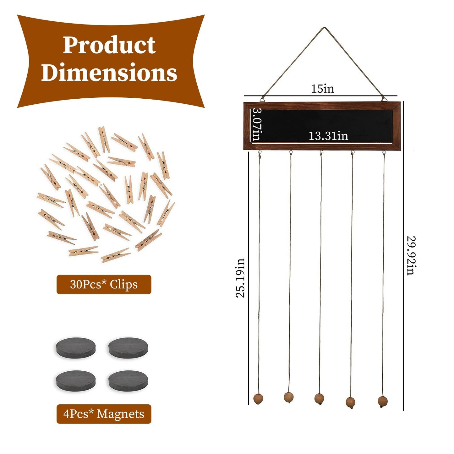 Product dimensions of a decorative wall art display featuring a wooden frame chalkboard, 30 clips, and 4 magnets, showcasing measurements of 15in x 29.92in.
