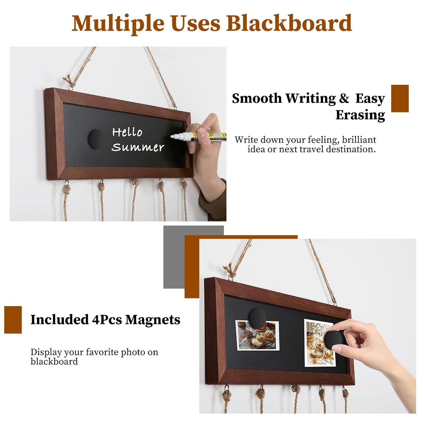 Multiple Uses Blackboard with Smooth Writing Surface, Hand Holding Marker, Decorative Wooden Frame, and Included Magnets for Photo Display