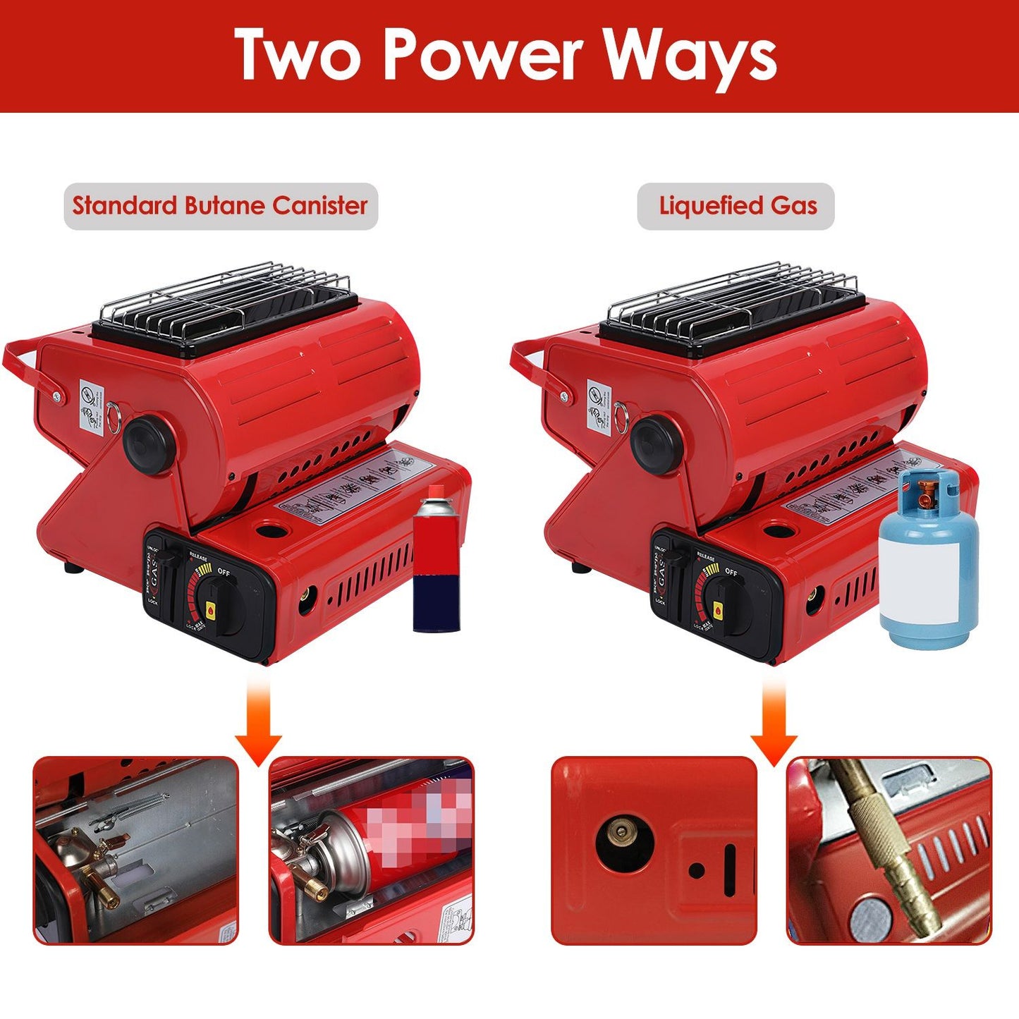 Portable red gas heater with two fuel options: standard butane canister and liquefied gas, featuring an adjustable heat control knob and safety features.
