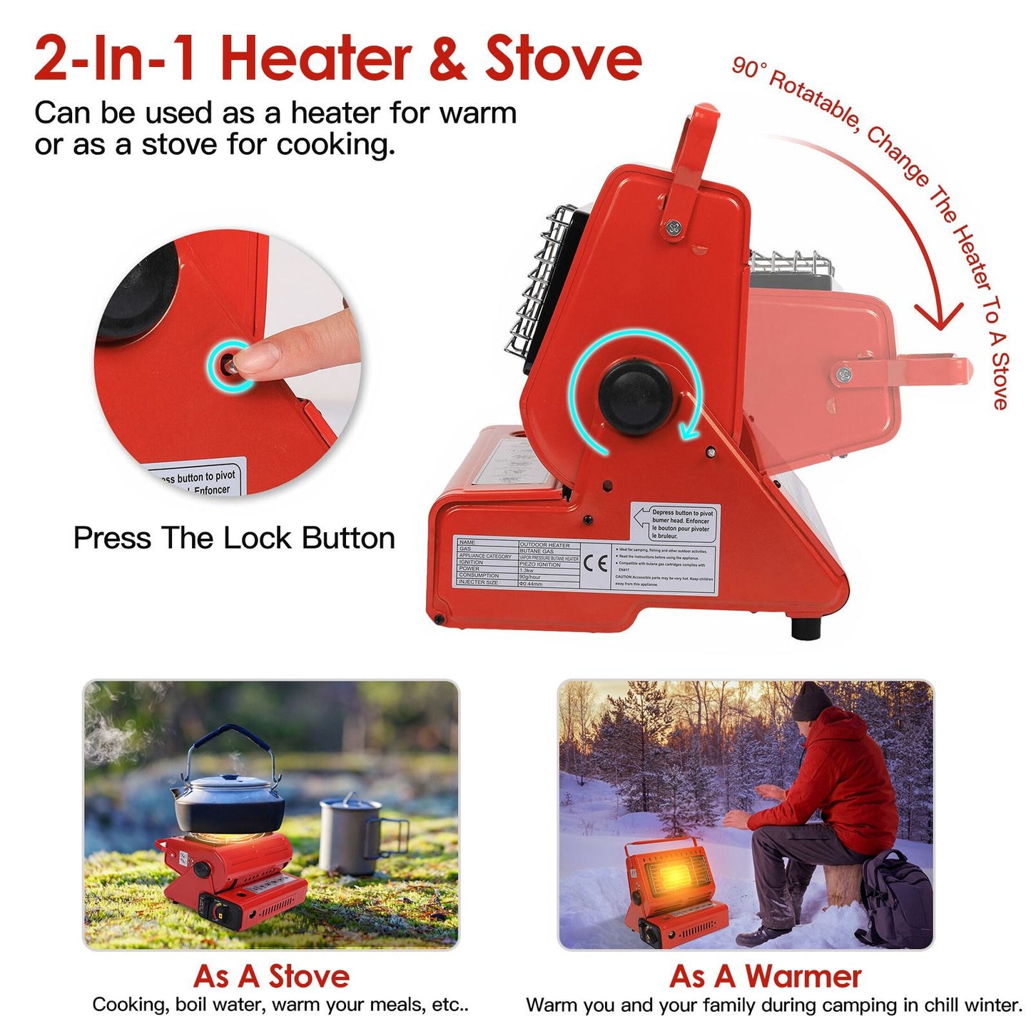 2-in-1 portable heater and stove with rotatable design, ideal for cooking and warming; image features a user pressing the lock button, showcasing its functionality.