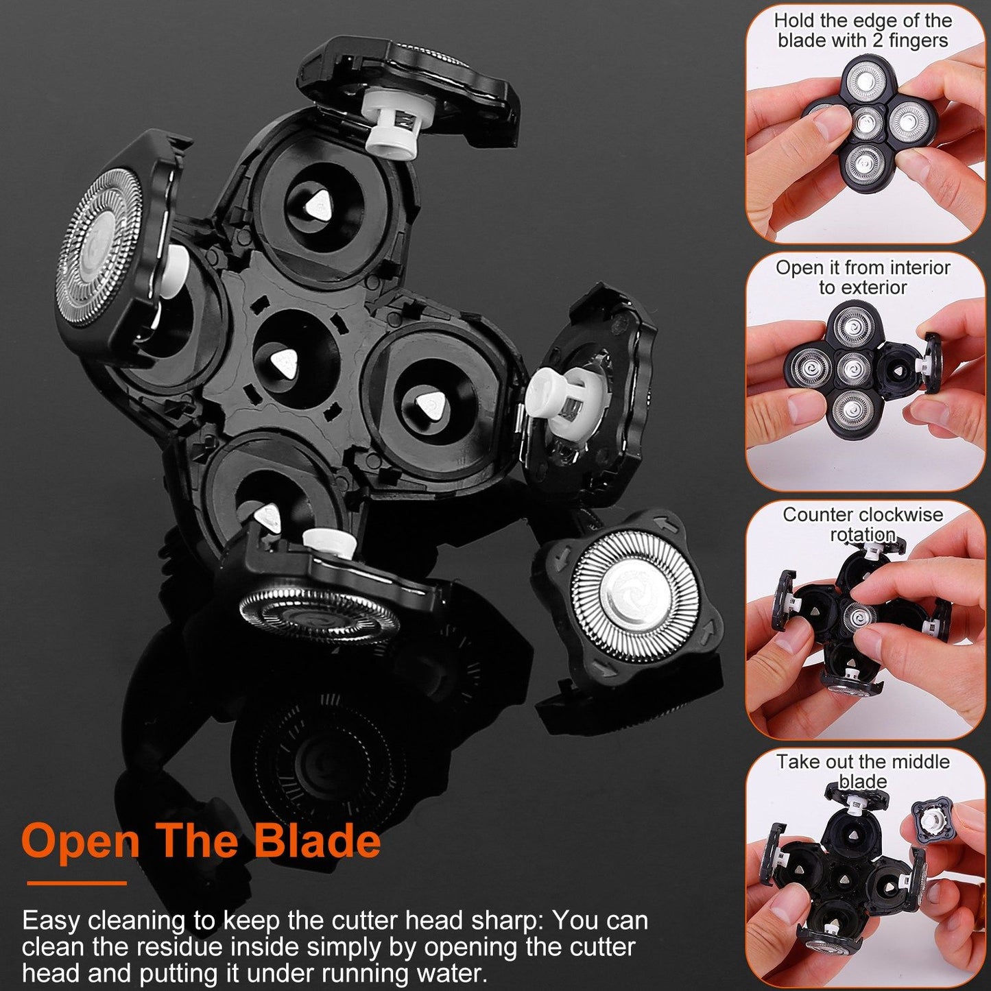 Close-up of a black rotary shaver head with multiple rotating blades, demonstrating the easy cleaning process of opening the blade for maintenance, surrounded by instructional images showing the various steps for use.